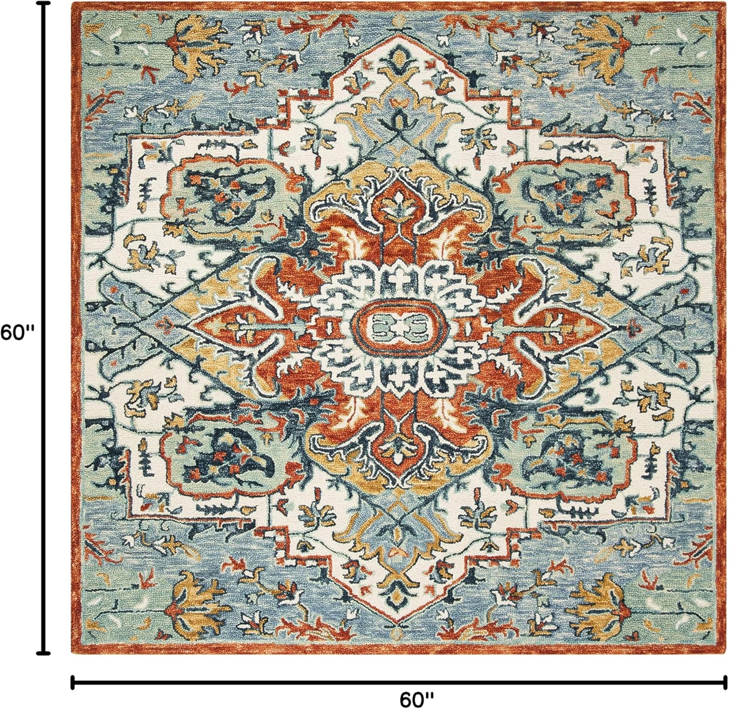 SAFAVIEH Aspen Collection Area Rug - 5' Square, Blue & Rust, Handmade Boho Wool, Ideal for High Traffic Areas in Living Room, Bedroom (APN312A)