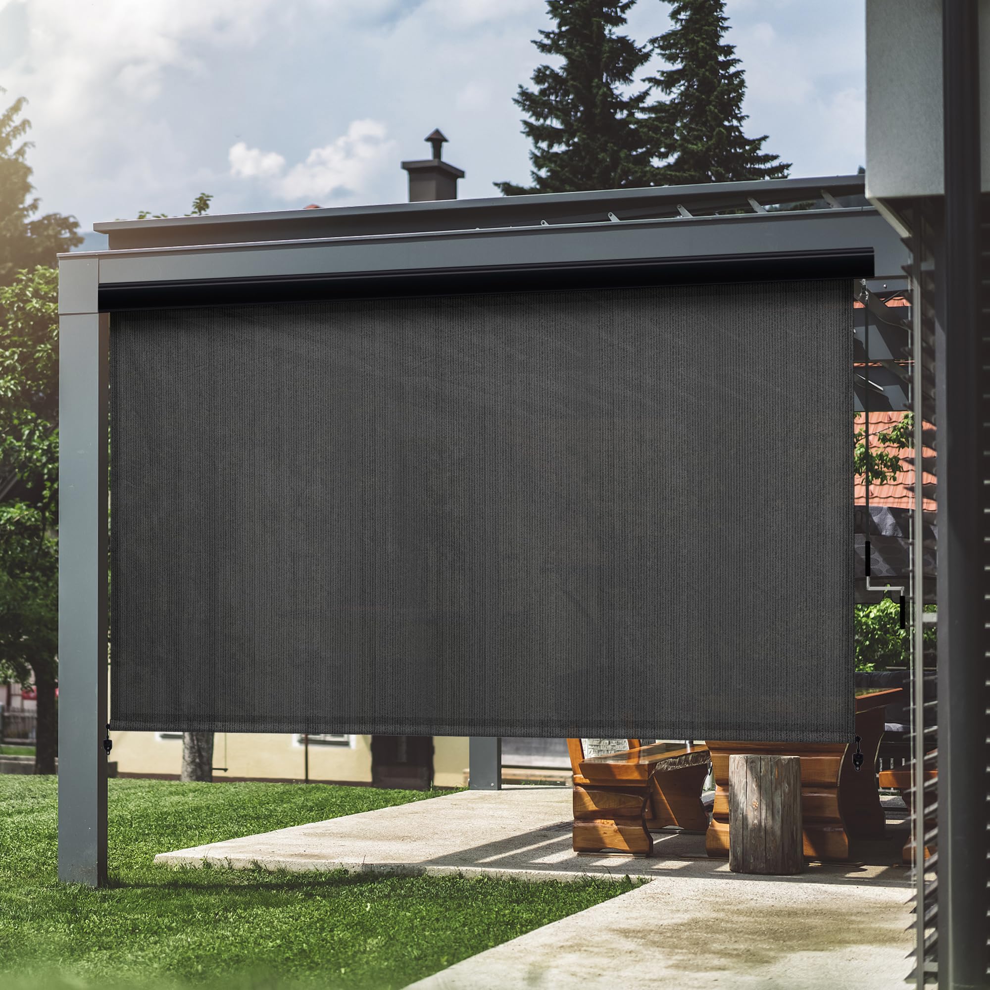 VICLLAX Premium Outdoor Roller Shade, 95 percent Patio Cordless Blinds with Weather Resistant Valance 8x8 foot,Graphite