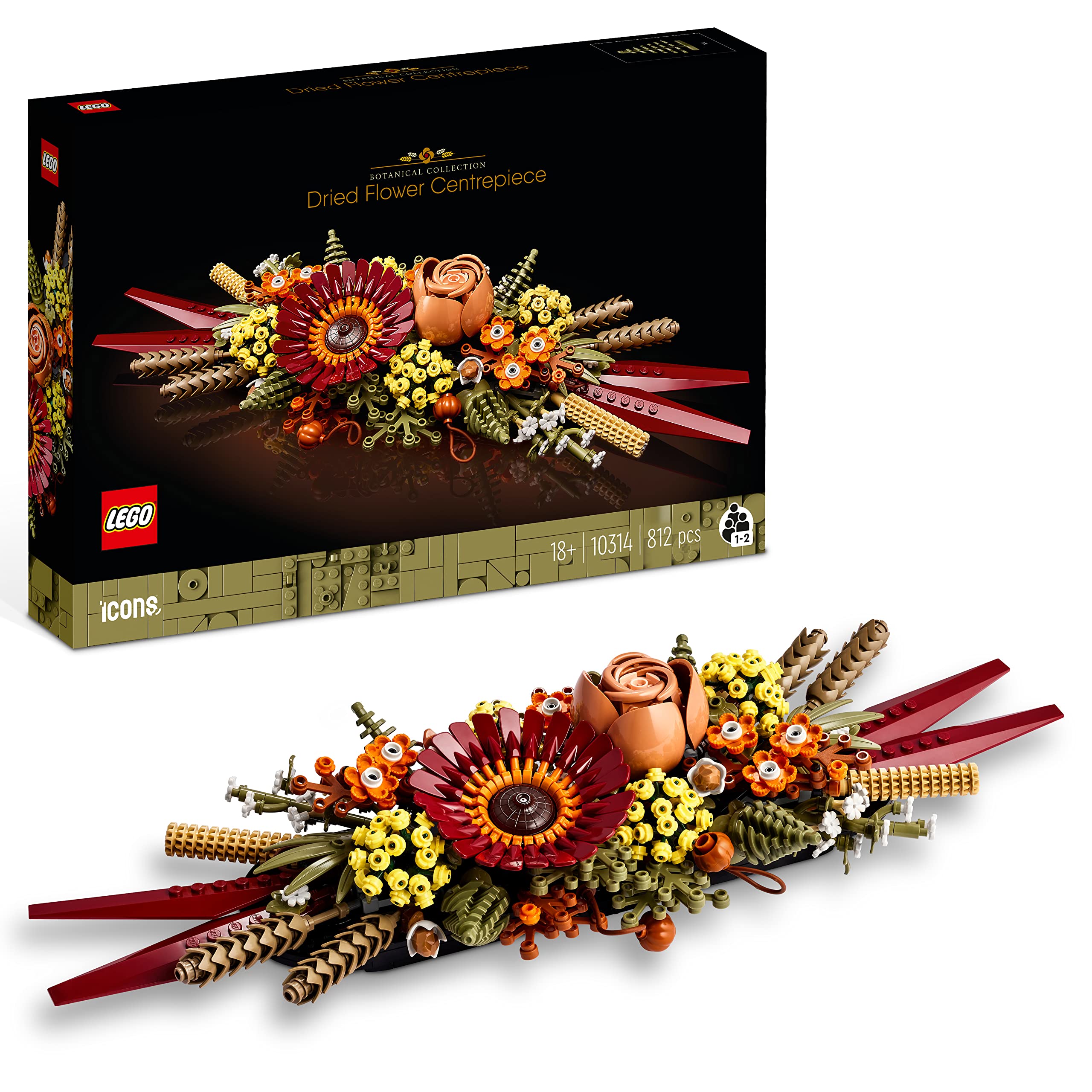 LEGO 10314 Icons Centrotavola di Fiori Secchi Finti, Set Fai da Te, Botanical Collection con Rosa e Gerbera Artificiali, Decorazione Tavolo o Parete, Idee Regalo per Lei e Lui, per Moglie e Marito