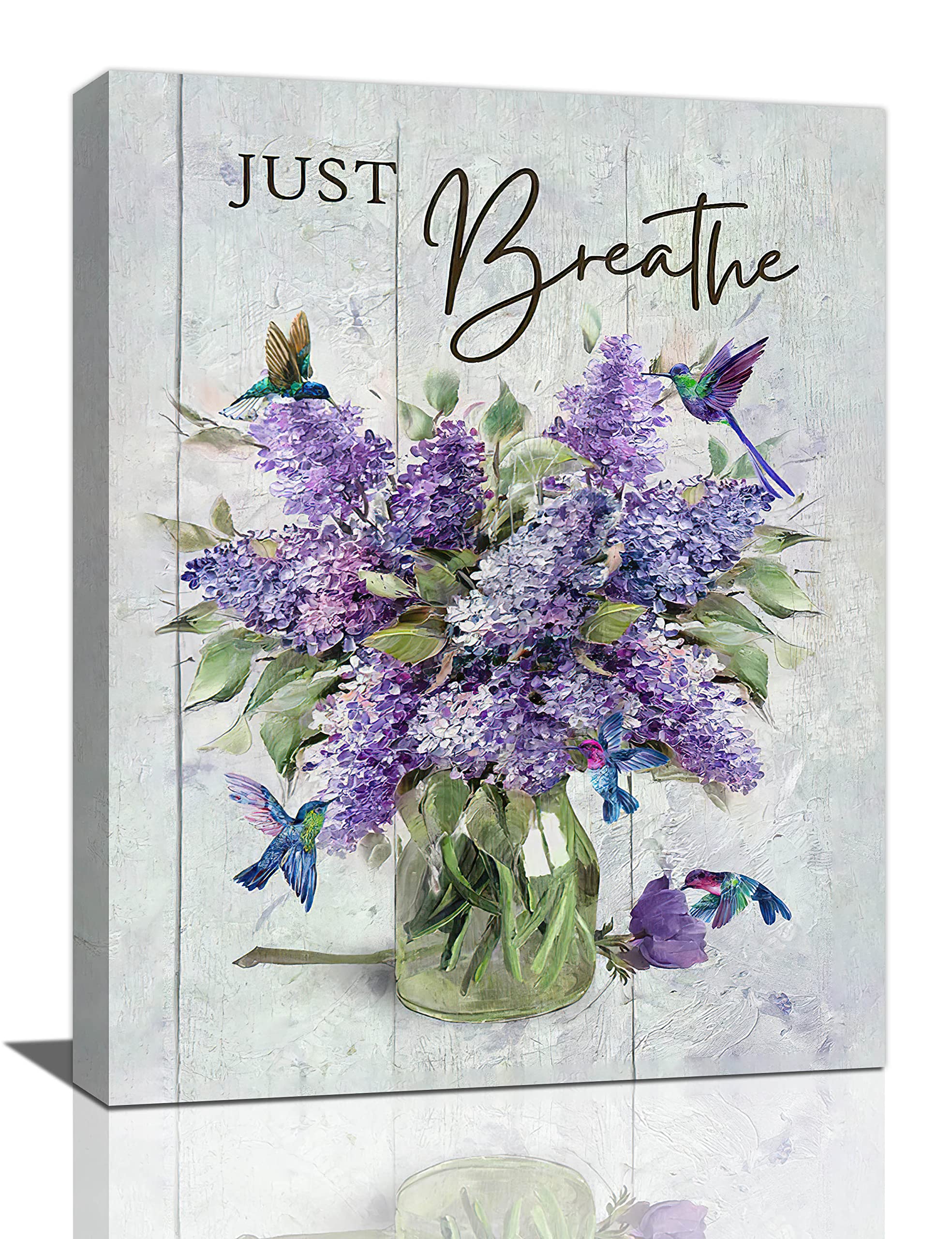 LMYSXAOZ Farmhouse Lavender Bathroom Lilac Flower Decor Wall Art Just Breathe Hummingbird Floral Purple Pictures Canvas Painting Prints Artwork Home Decorations Framed for Bedroom 16"x20"