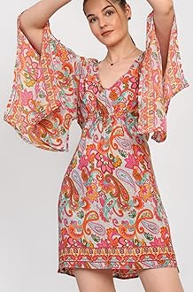 KE KANHA EXPORTS Dress for Women Short Boho Beach Western|V Neck Bell Sleeves One Piece Printed Dress Soft Silky Fabric Free Size Fits S-M-L