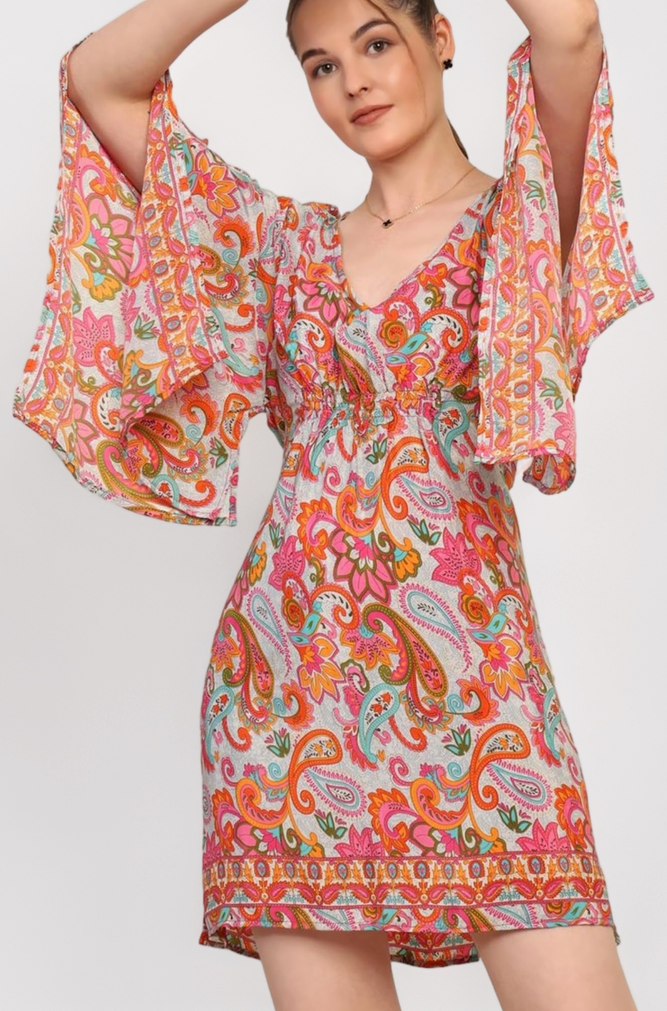 KE KANHA EXPORTS Dress for Women Short Boho Beach Western|V Neck Bell Sleeves One Piece Printed Dress Soft Silky Fabric Free Size Fits S-M-L