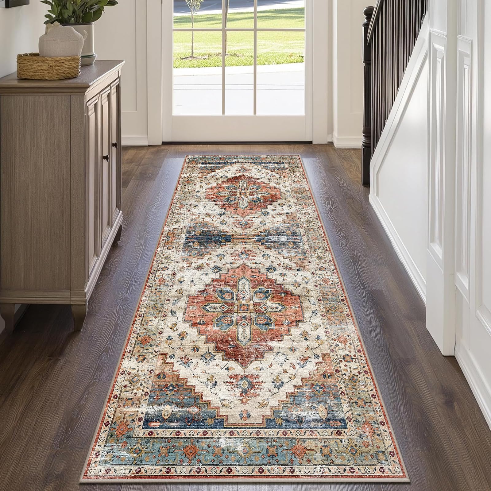 Cycleader 80x200cm Non-Slip Washable Runner Rug for Hallway, Vintage Boho Faux Cashmere Carpet Anti-Fatigue Kitchen Rugs Indoor Soft Long Floor Mat Low Pile Runners with Anti-Slip Backing for Bedroom