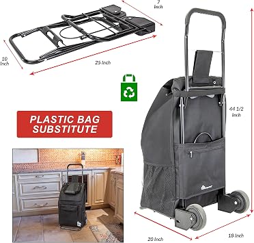 dbest Products Trolley Dolly Compact with Pockets Foldable Grocery Cart on Wheels Multi Use Rolling Cart with Removable Bag, Storage Pockets, and Hand Truck Dolly Function, Black