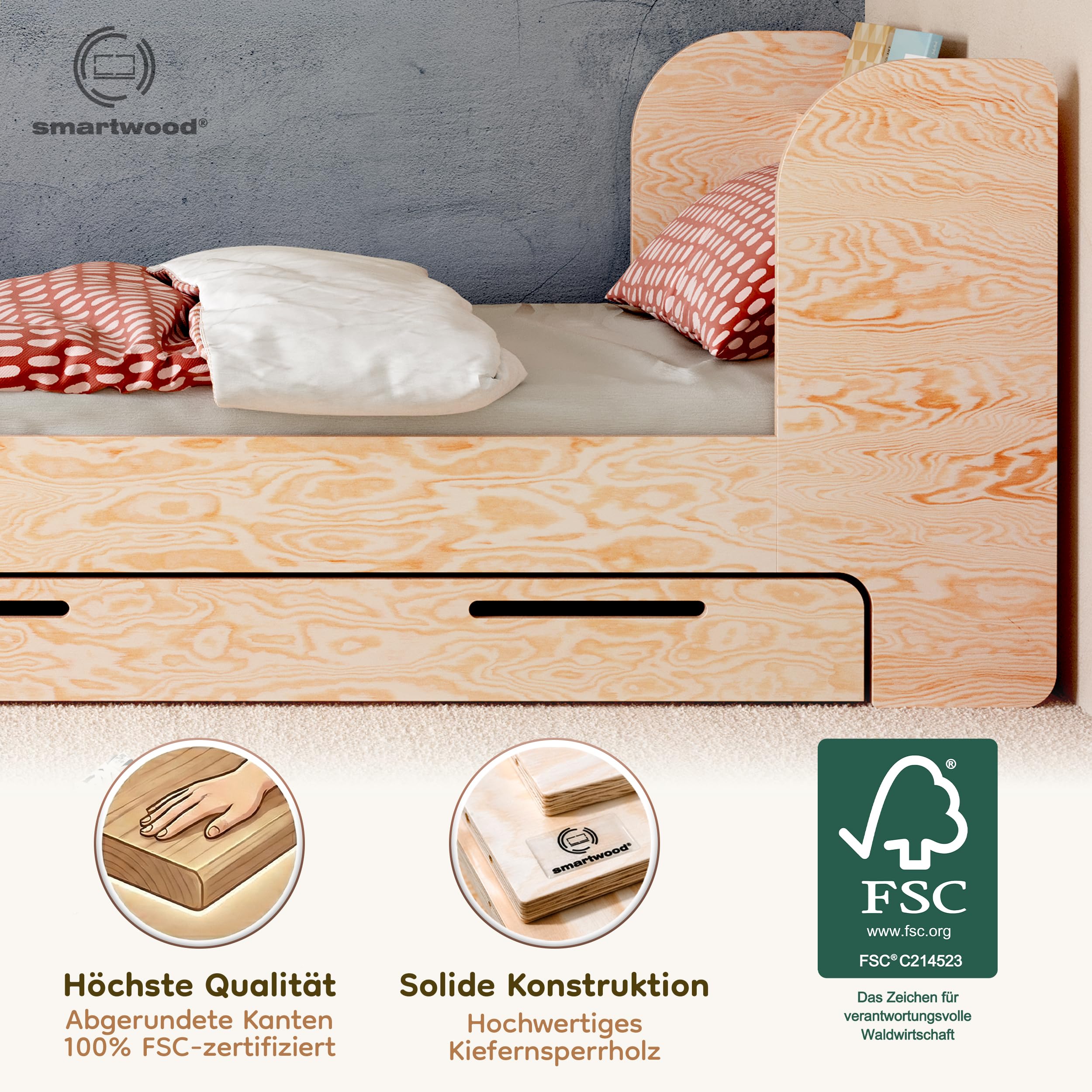 smartwood Kinderbett 100x200 cm mit Schublade, aus Kiefernholz, Flou D