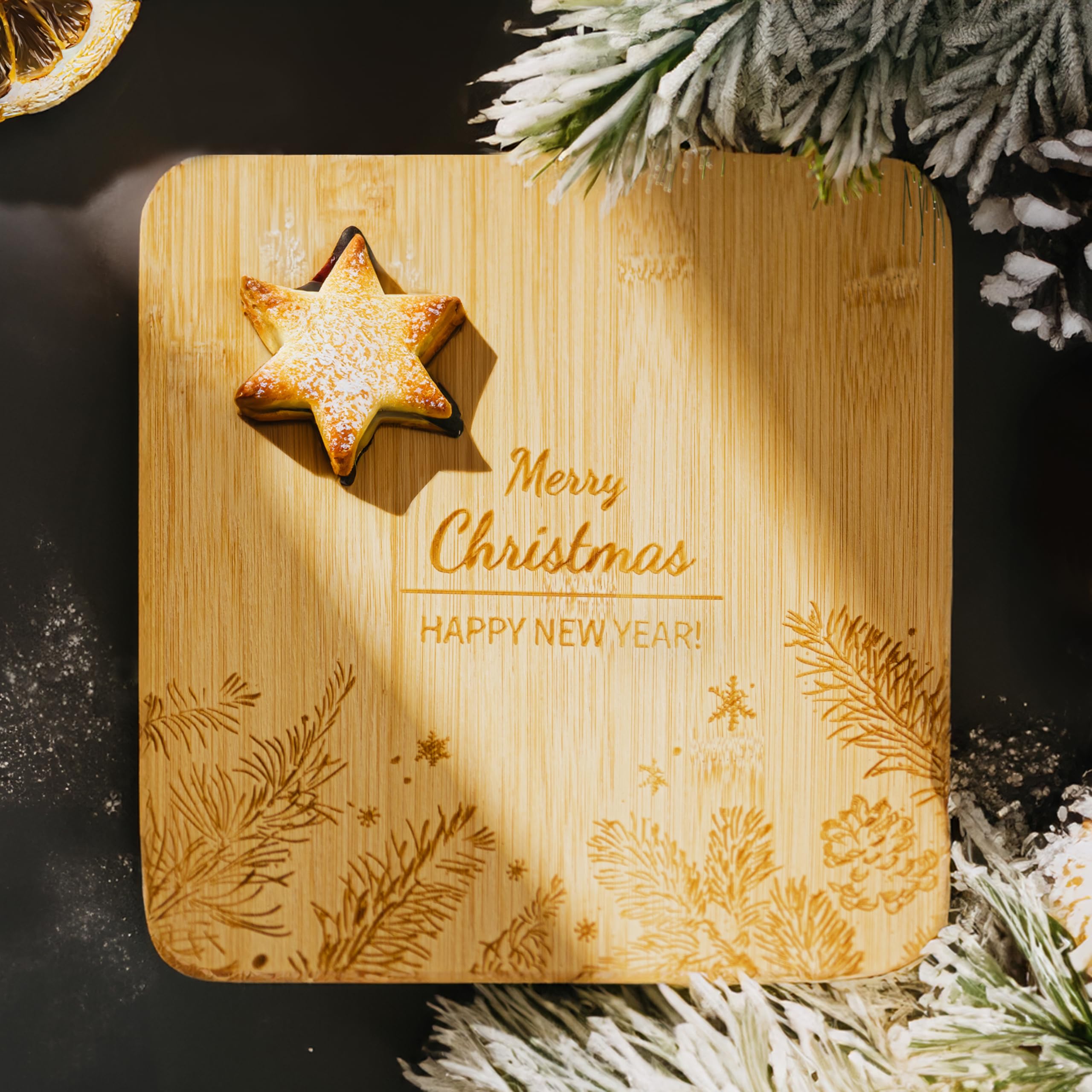 Marco Paul Interiors Merry Christmas Marco Paul Christmas Wooden Chopping Board Kitchen Charcuterie Serving Platter Tray For Fruits Snacks Bread Cheese Bamboo Cutting Board House Warming Gifts New Home