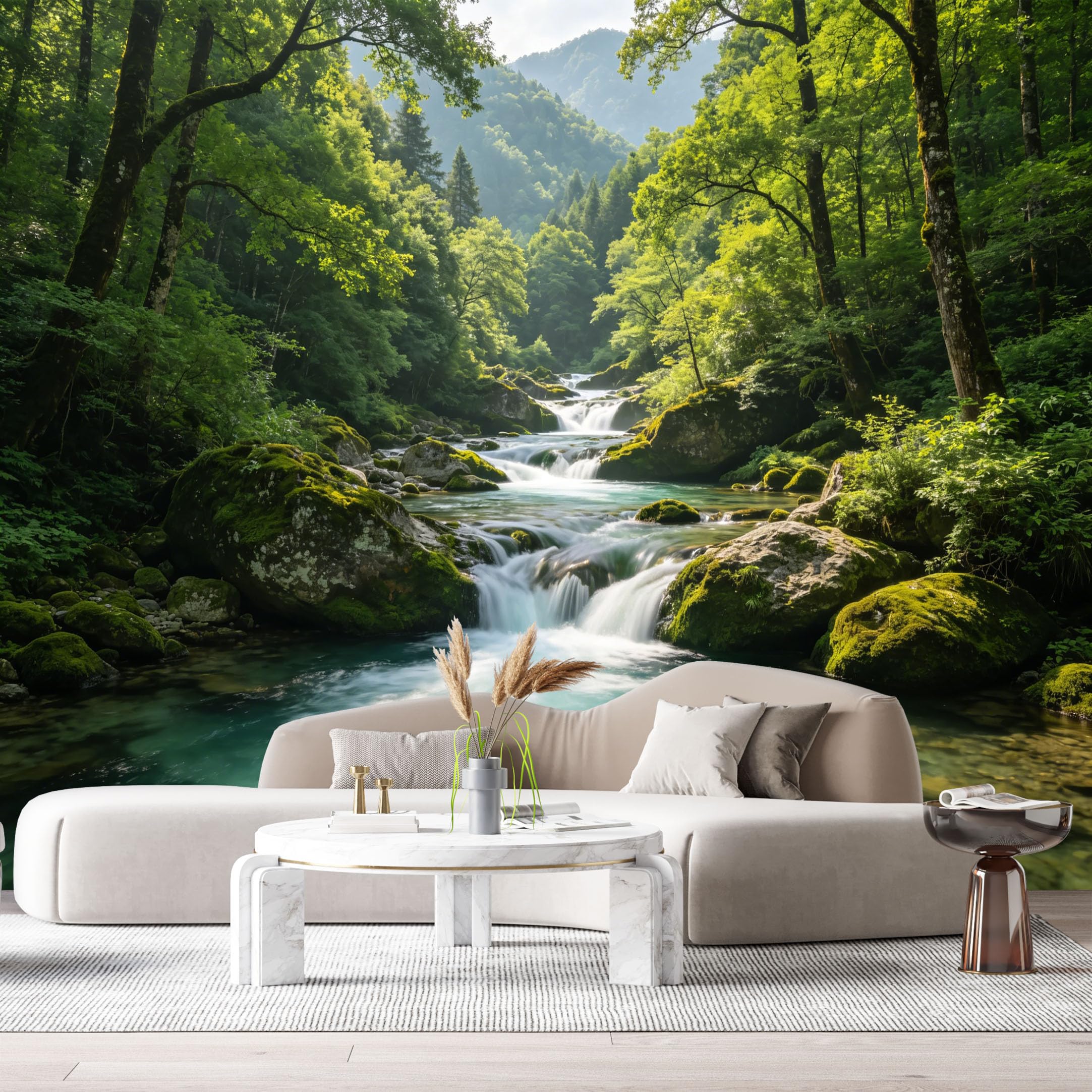 Custom Size Wall Murals Mountain Stream Forest Landscape Waterfall River Modern Nature SelfAdhesive Wall Fabric Removable Large Wallpaper for Photo Living Room