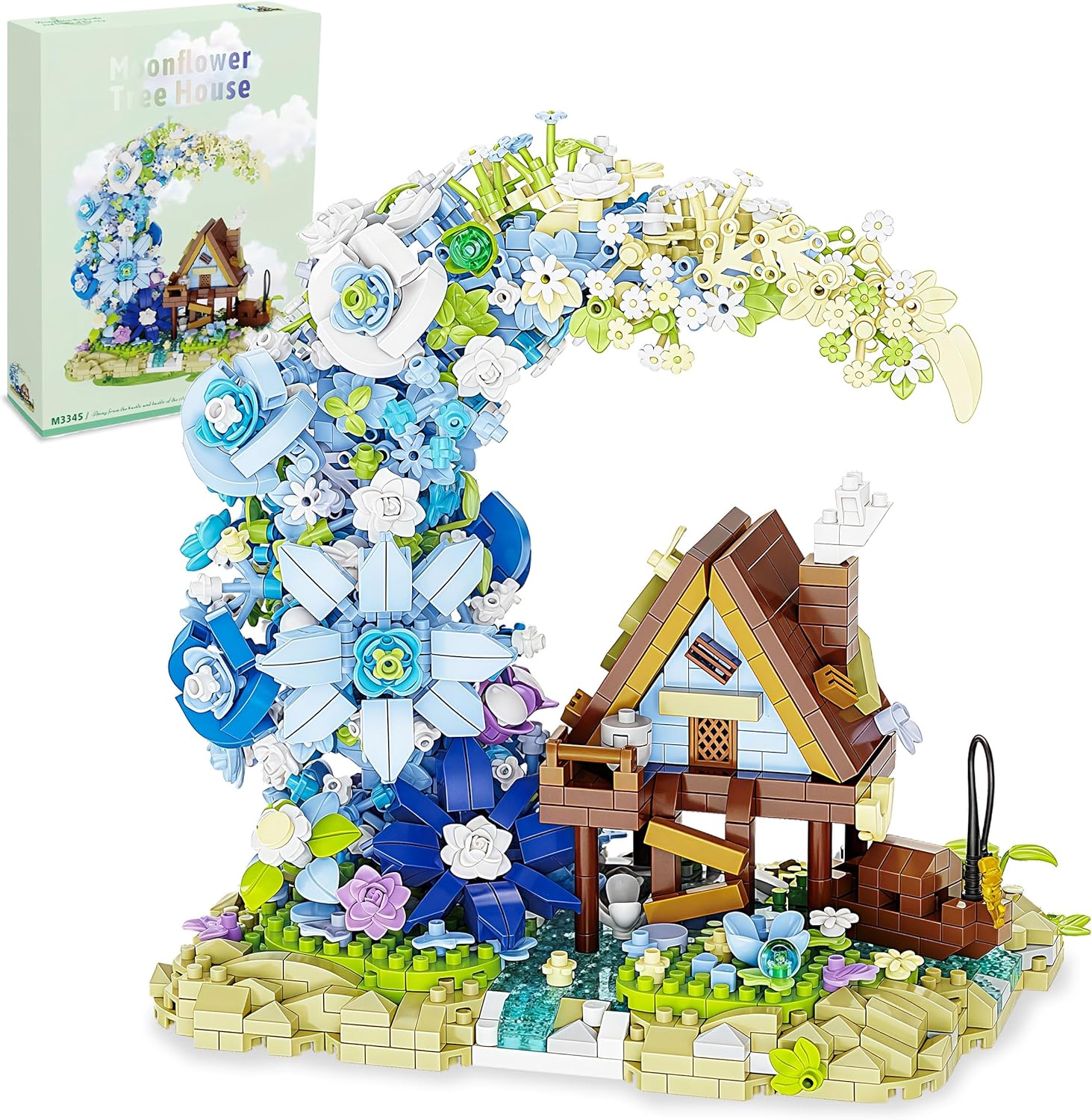 Blue Moon Flower House Mini Building Blocks Set, 1343PCS-Botanical Collection, Cabin & Blue Flower Bouquet Building Kits, Flowers for Home Office, Shelf or Room Decor, Gift for Her and Him