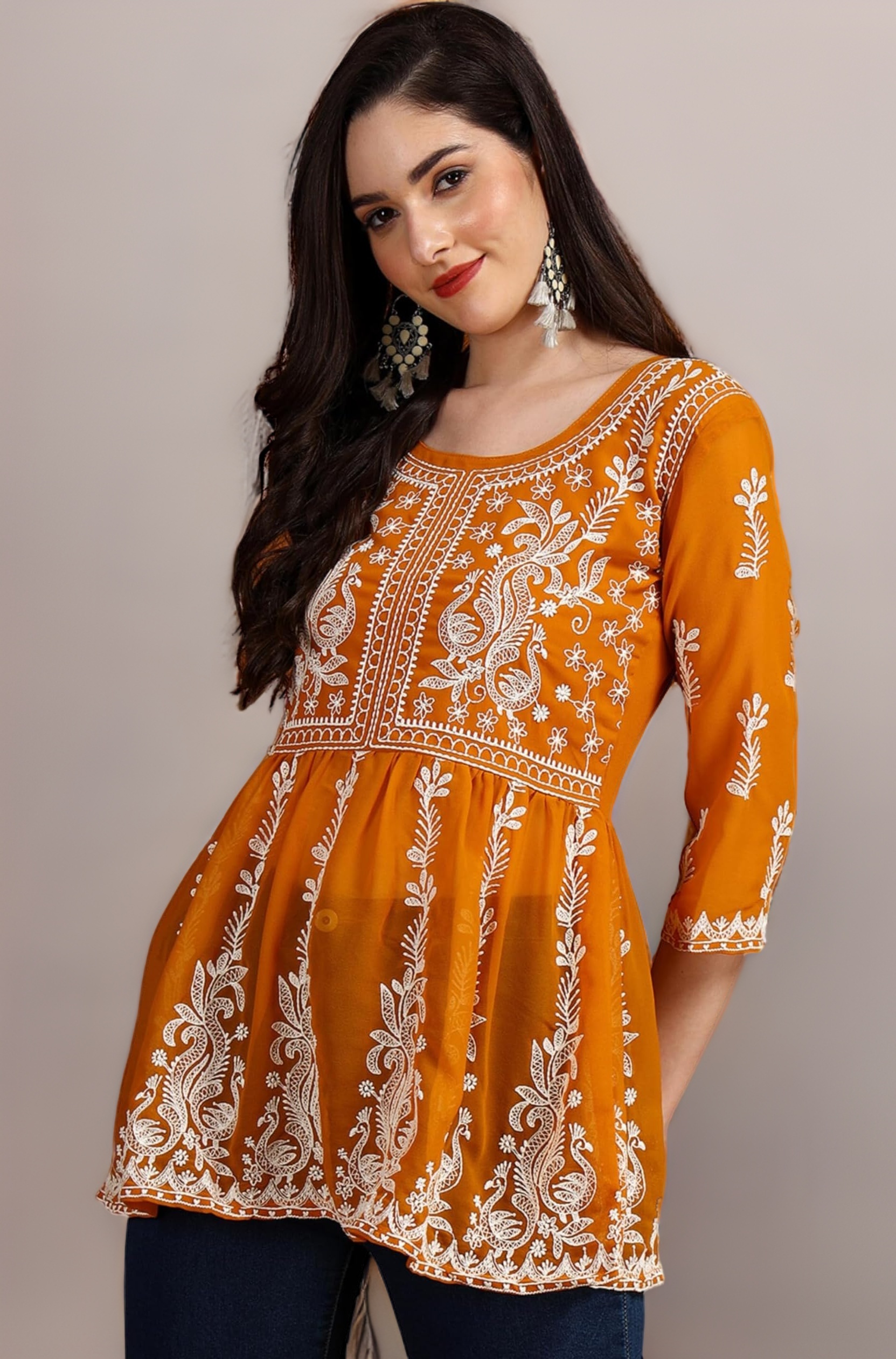 EthnicJunction Georgette Women Chikan Embroidery Short A-Line Kurti | Summer Kurti | Short Kurti for Women | Top for Office | Women's Tunics Tops | Kurta Shirt Top | Regular Fit Top