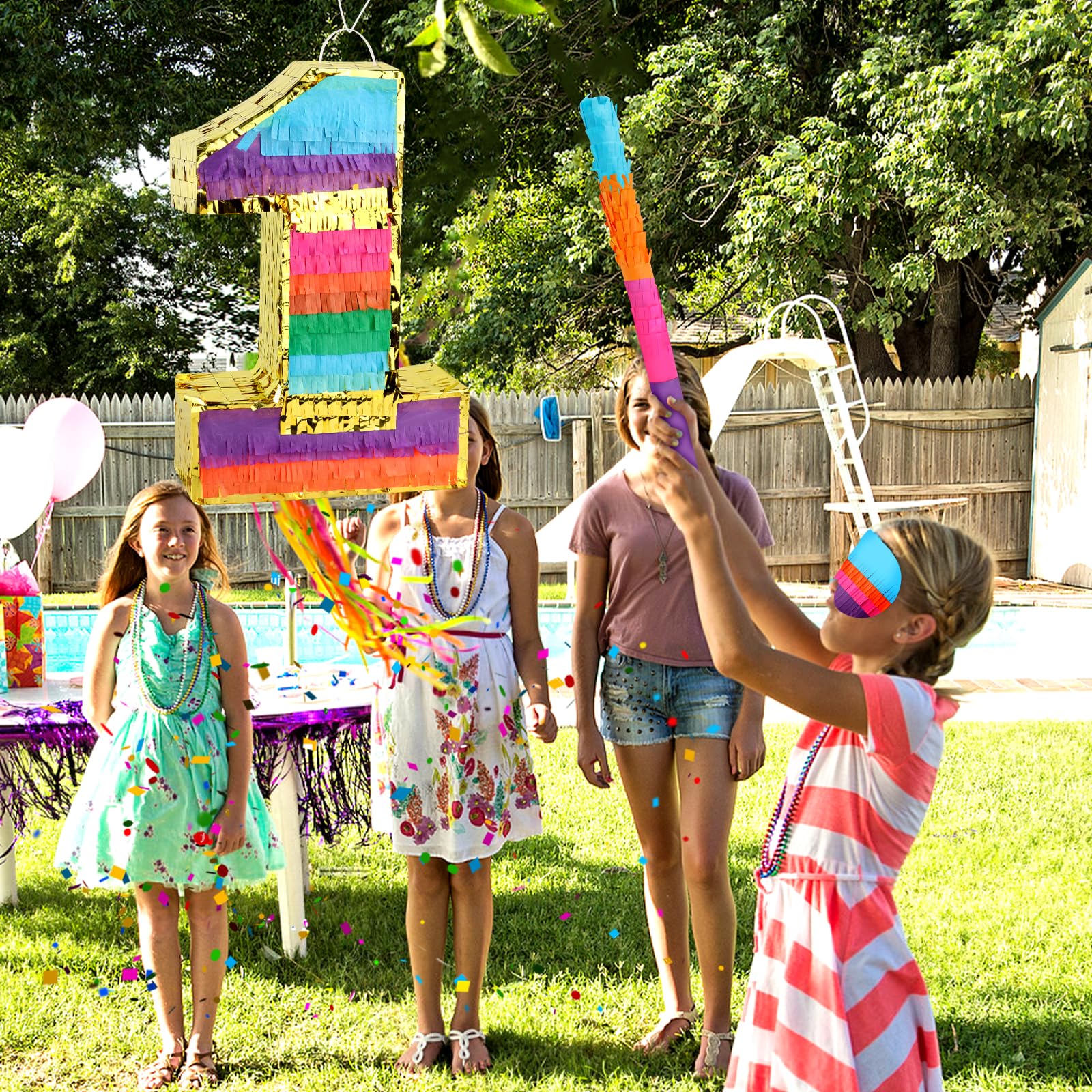 Piñata arcoíris número 1, decoración de cumpleaños para niños, piñata arcoíris con palo de murciélago para niños y niñas, celebraciones de cumpleaños, suministros de fiesta de baby shower