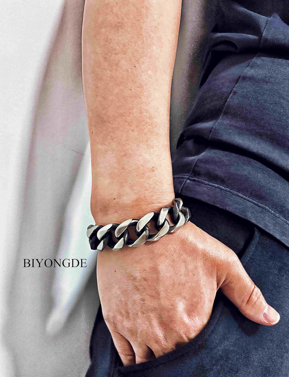 Mens Heavy Duty Stainless Steel Curb Chain Bracelet, 18MM Wide Silver Color Cuban Link Chain Bracelet with Matte Finish, Punk Rock Vintage style - Image 2