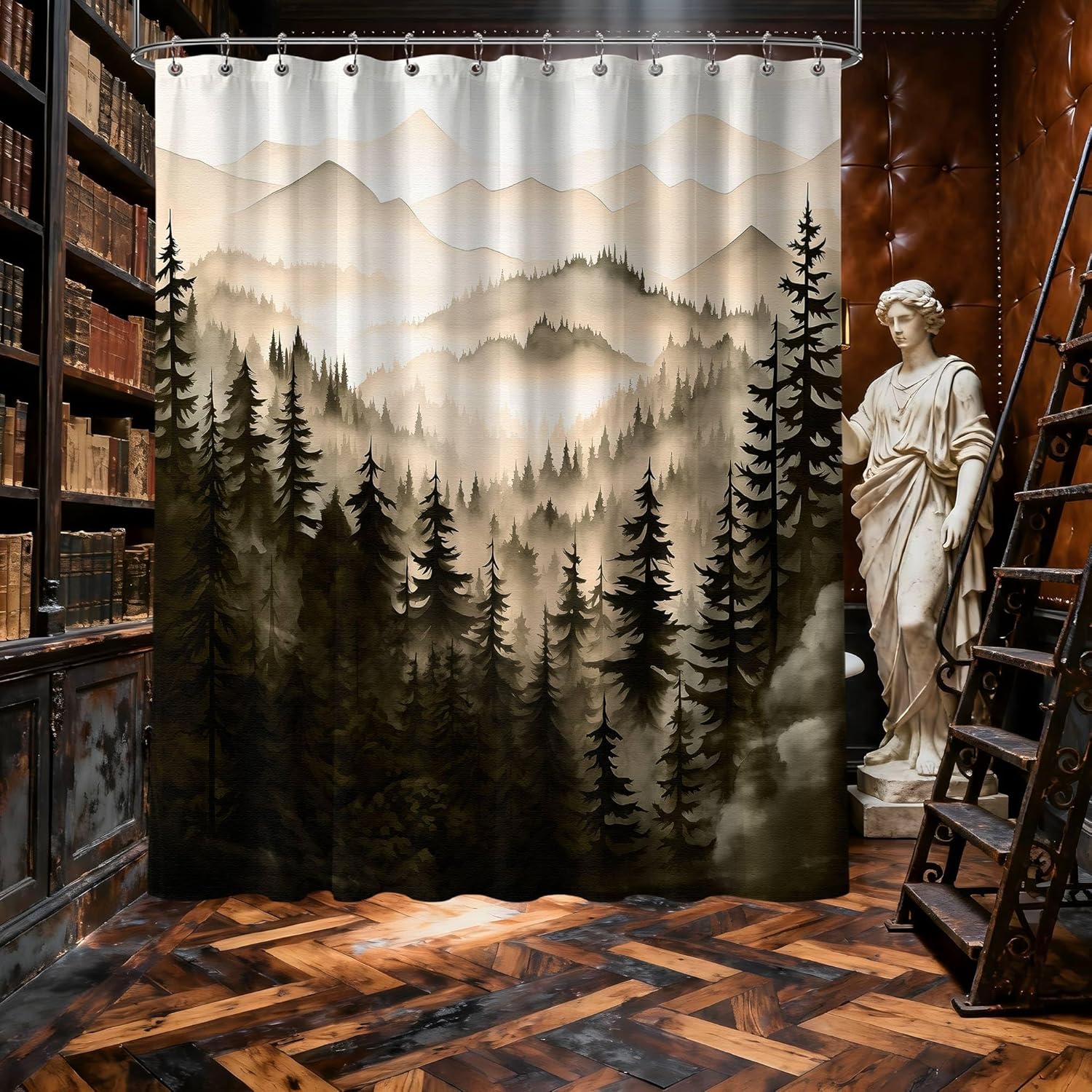 Dark Brown Forest Shower Curtain Nature Bronze Chocolate Brown Shower Curtains for Mens Bathroom, Waterproof Polyester Fabric with Hooks, 70''W x 78''L