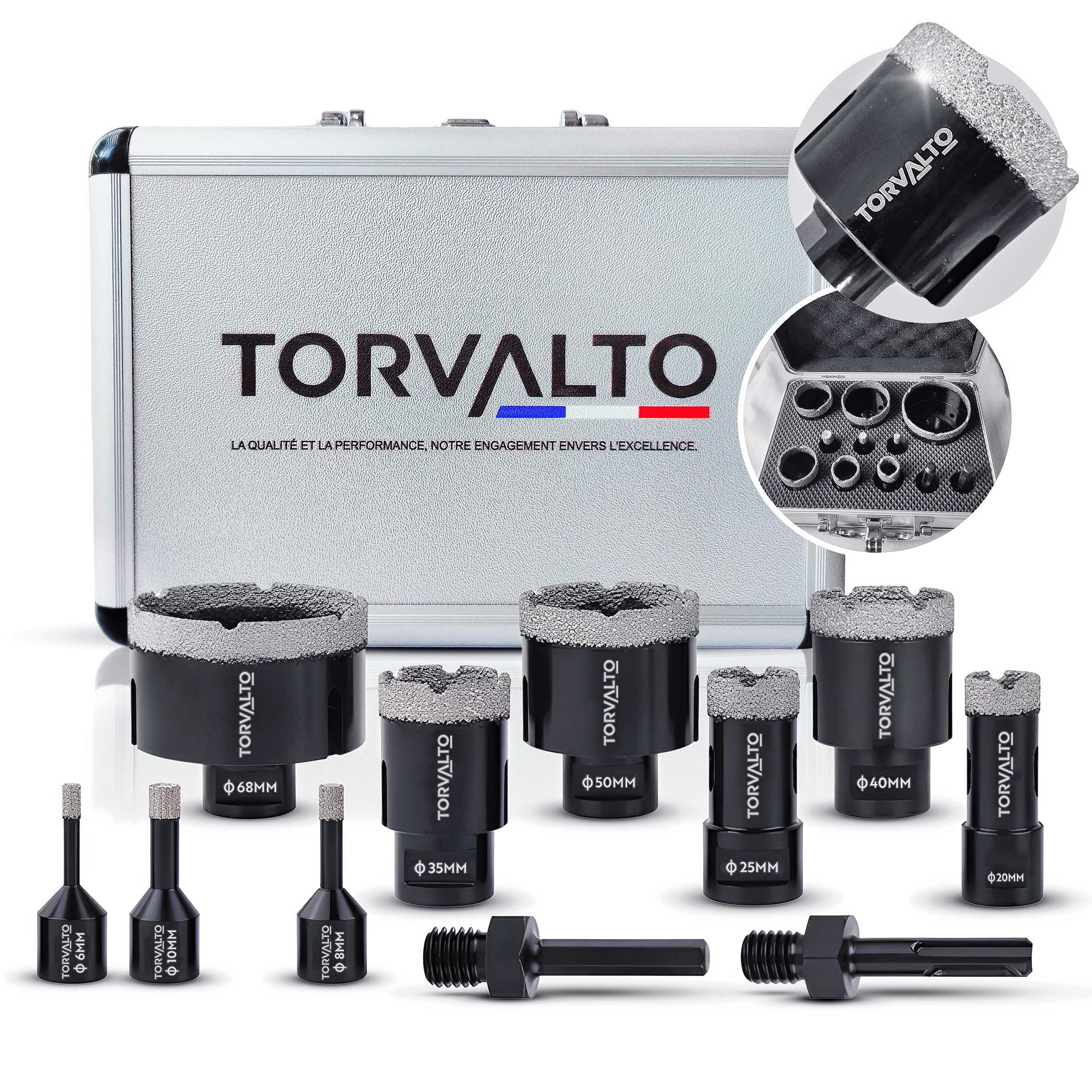 Kit forets diamant Professionnel TORVALTO 6/8/10/20/25/35/40/50/68 + 2 adaptateurs HEX/SDS inclus pour perceuse. Idéale pour Carrelage Porcelaine Marbre Granit. Scie cloche carrelage Robuste