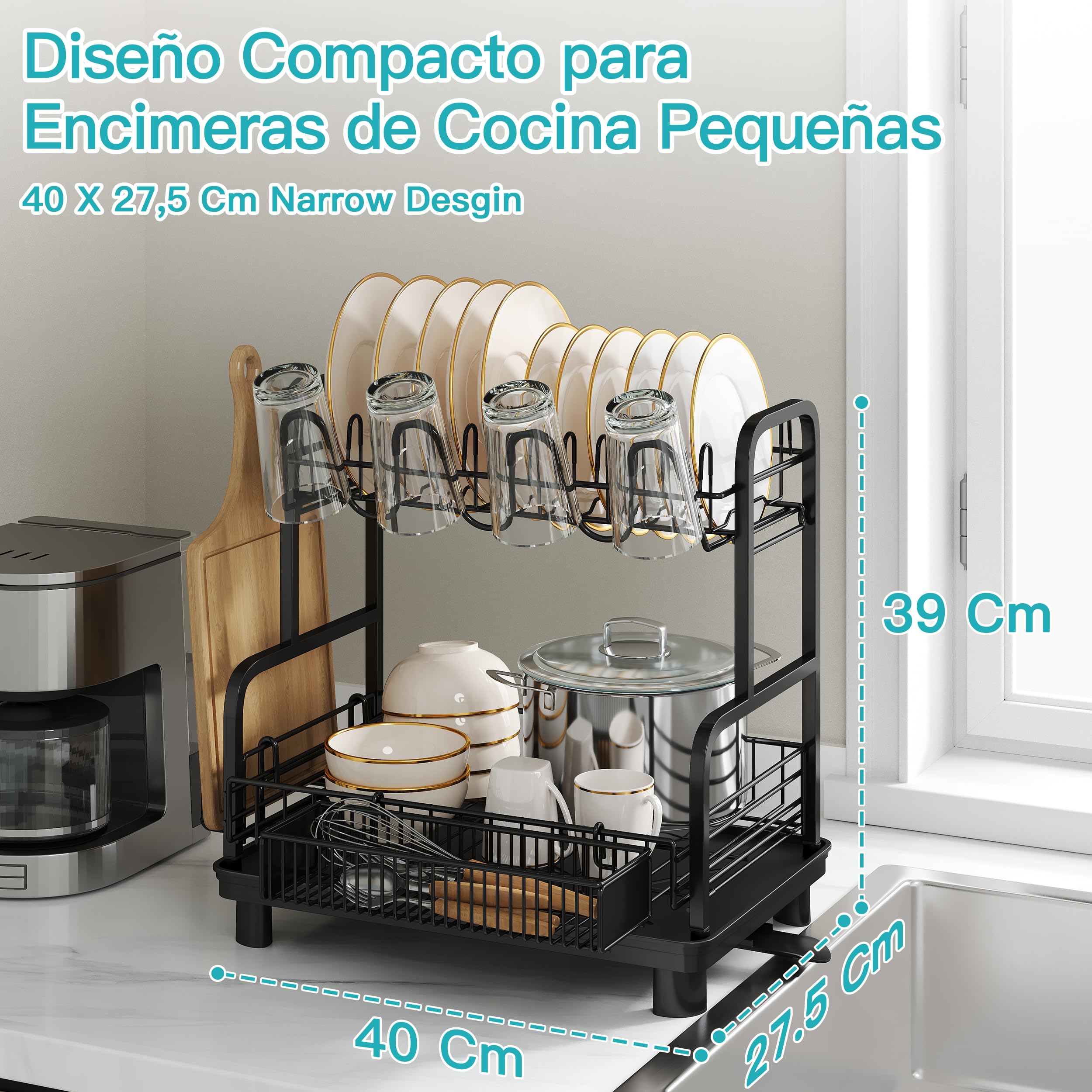 Boosiny Escurreplatos Acero Inoxidable con Drenaje Automático, Escurridor de Platos Grande de 2 Niveles con Portavasos y Porta Utensilios, Escurridor para Fregadero (Negro)