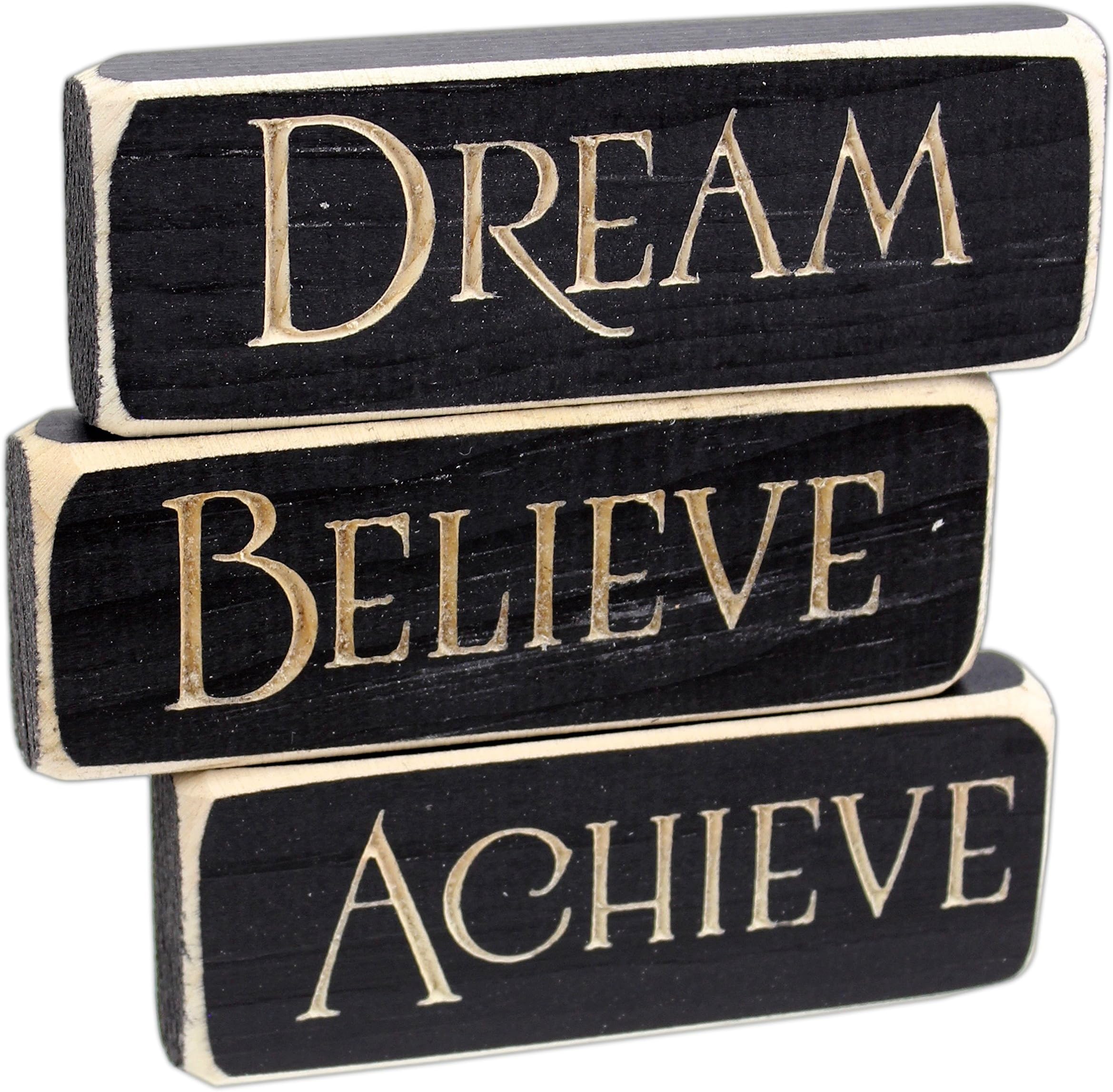 Set of 3 5" x 1.5" Inspirational Engraved Wood Block Signs (Achieve Dream Believe)