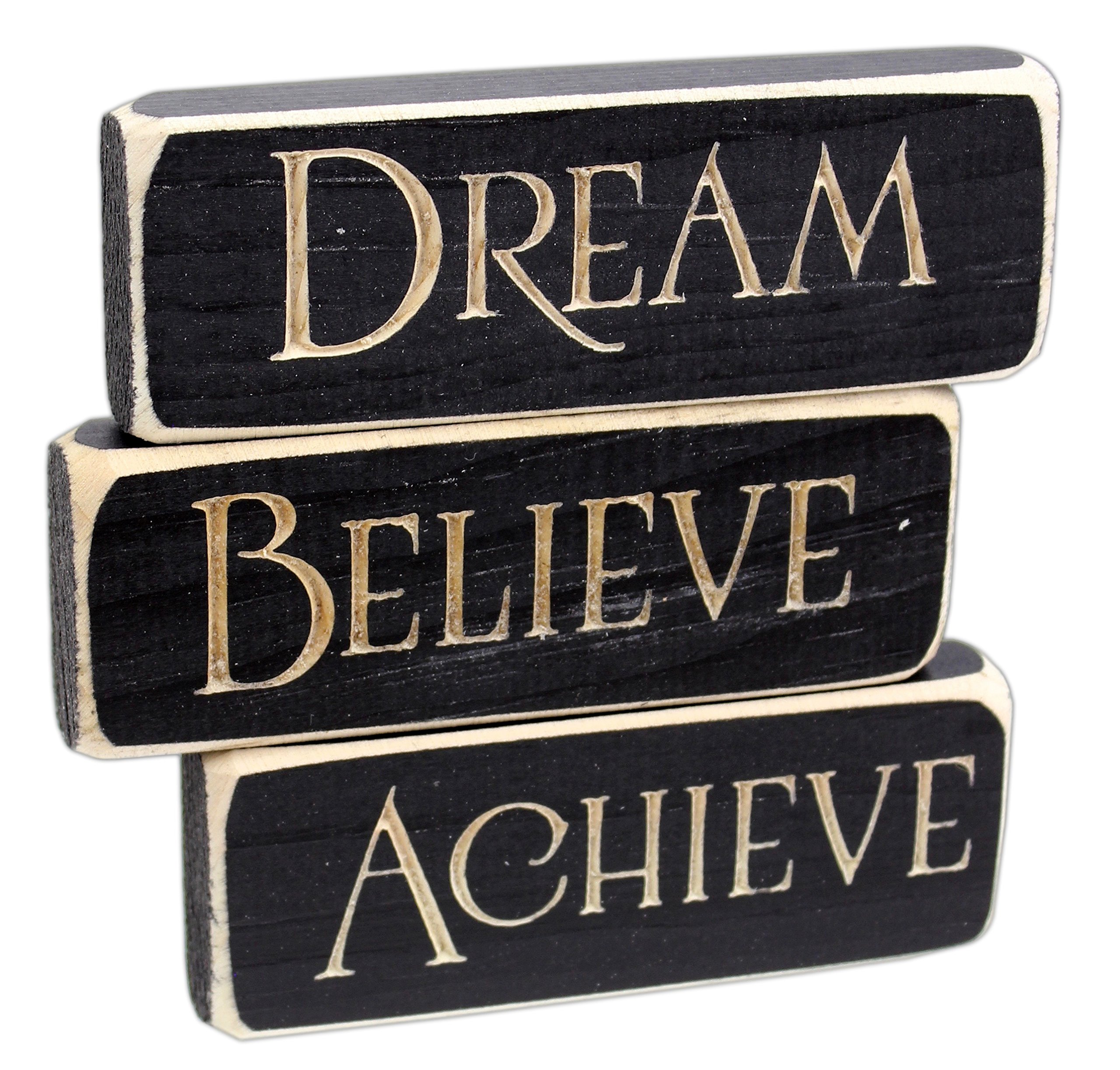 Set of 3 5" x 1.5" Inspirational Engraved Wood Block Signs (Achieve Dream Believe)