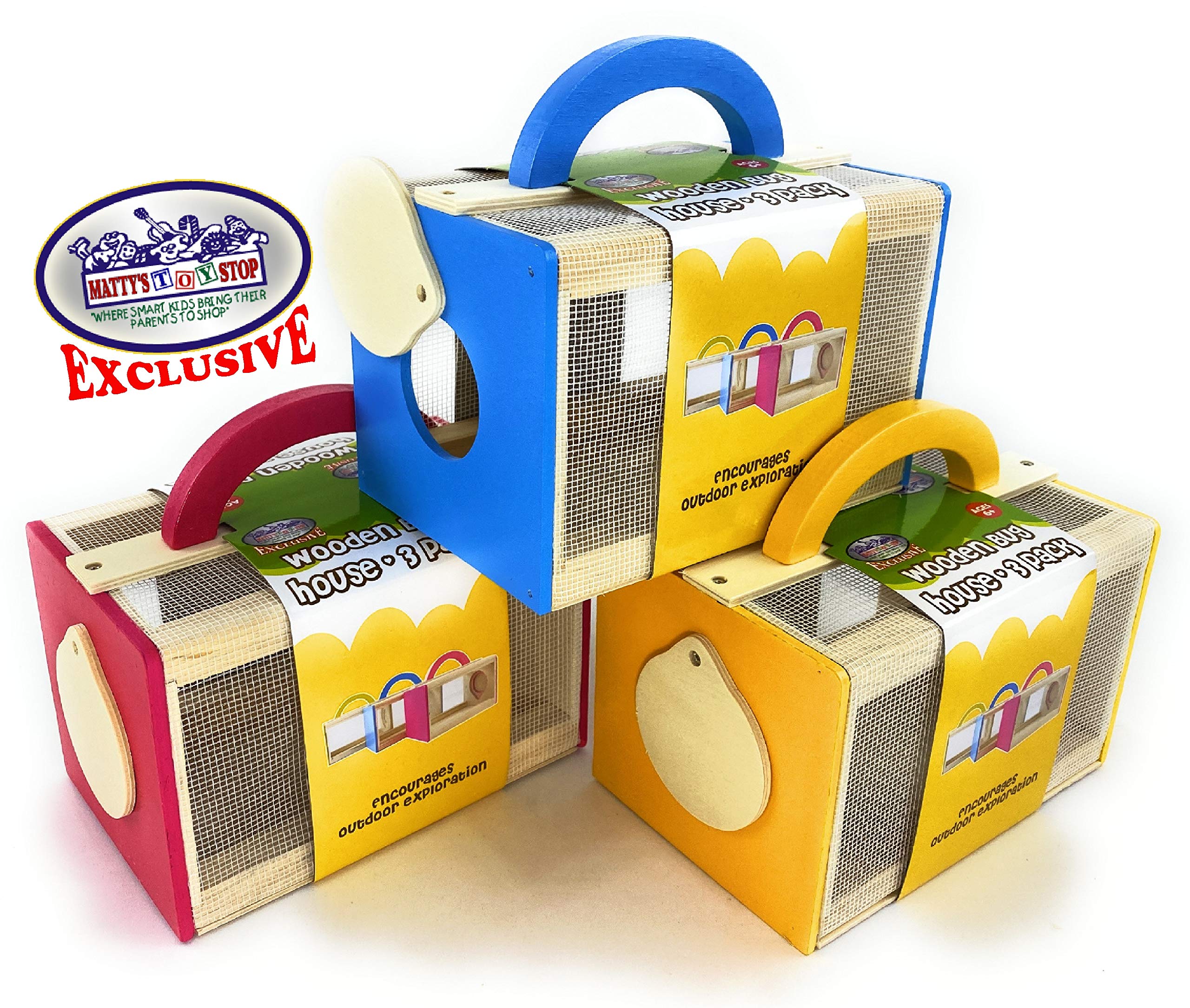 Matty's Toy Stop Wooden Bug House Insect Critter Cages with Handles in Blue, Red & Yellow (3 Pack) - Image 3