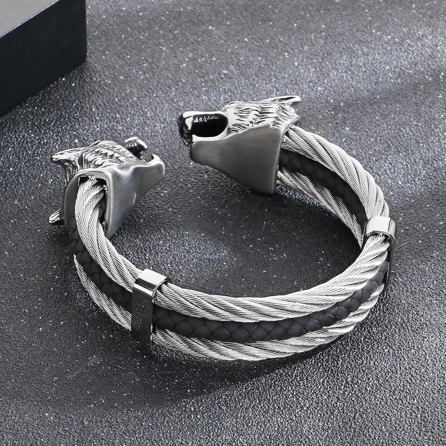 Men's Viking Wolf Head Bracelet 316 Stainless Steel Leather Open Cuff Tribal Retro Wolf Twisted Cable Cuff Bangle Vintage Gothic - Image 3
