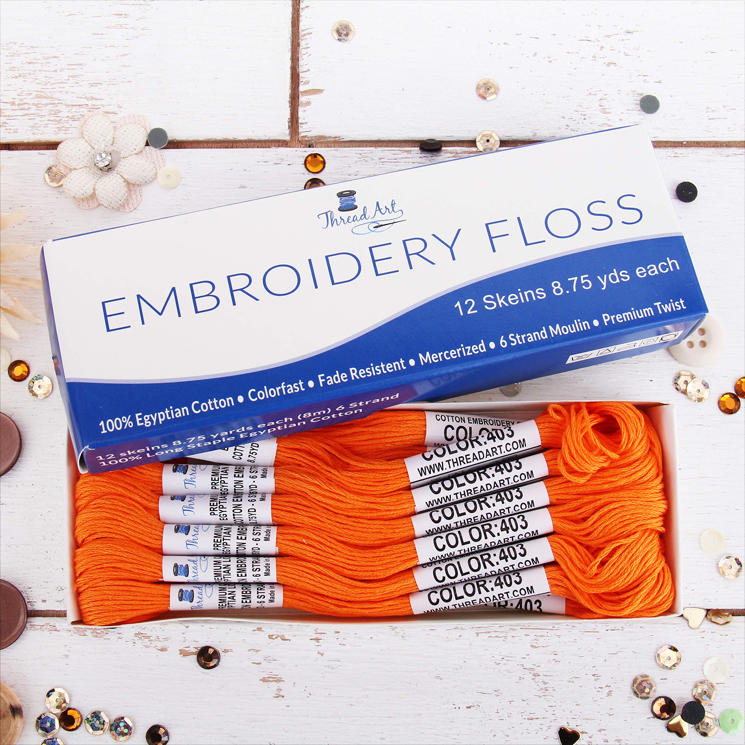 Hilo de bordar de algodón egipcio de fibra larga de 12 madejas, color naranja, 6 hilos divisibles de hilo de 8,75 m, cada uno para bordar a mano, pulseras de amistad, punto de cruz y manualidades