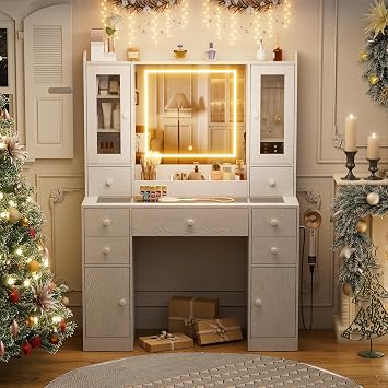 PAKASEPT Makeup Vanity Desk with Mirror and Lights, Large Makeup Vanity Table with Glass Top, 7 Drawers, 2 Storage Cabinet, 2 Glass Cabinet, Charging Station for Bedroom, Dressing Room, White