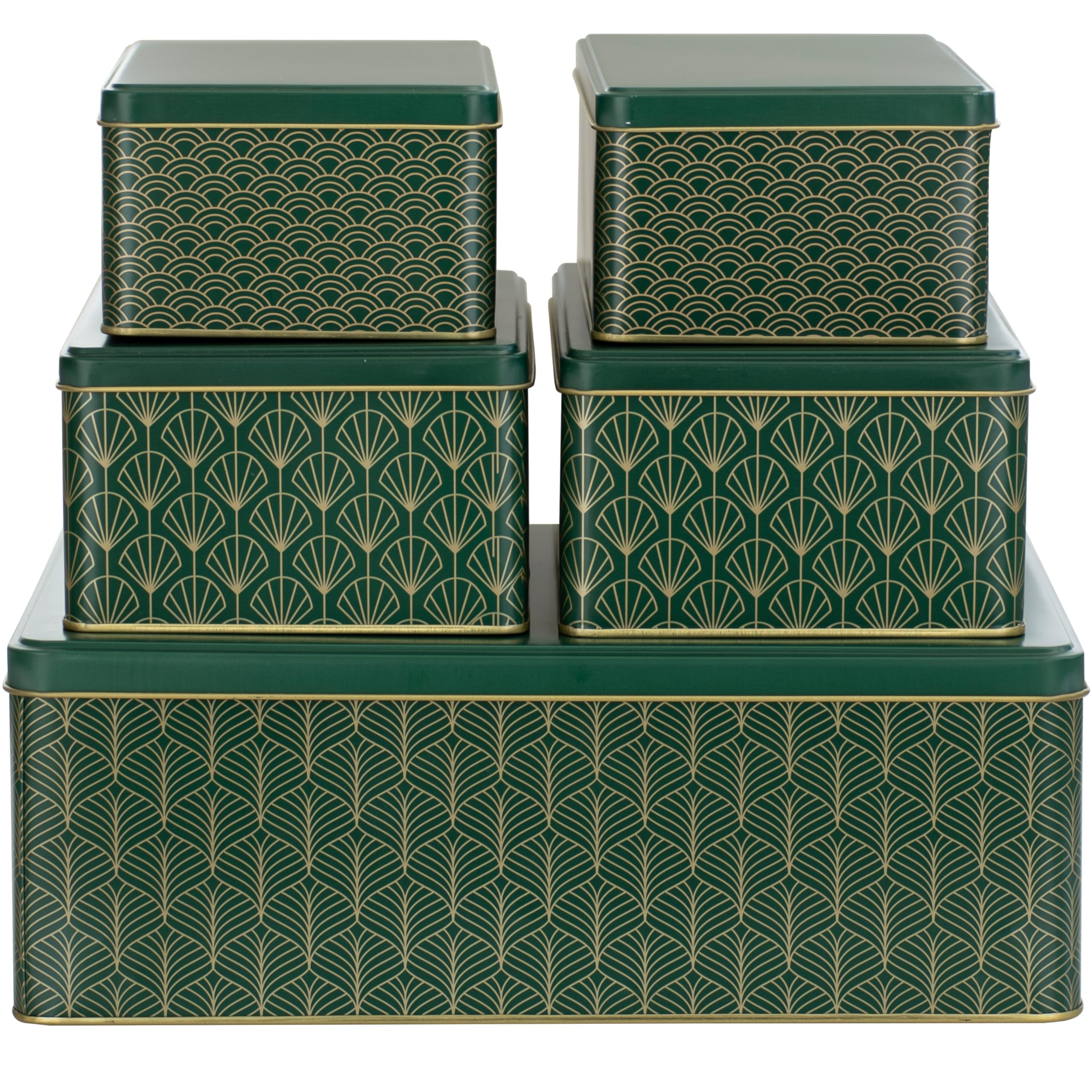 5er Set Keksdose Weihnachten eckig - Weihnachtskeksdosen groß aus Metall - Weihnachtliche Keksdosen Plätzchendose Blechdose, grün/gold