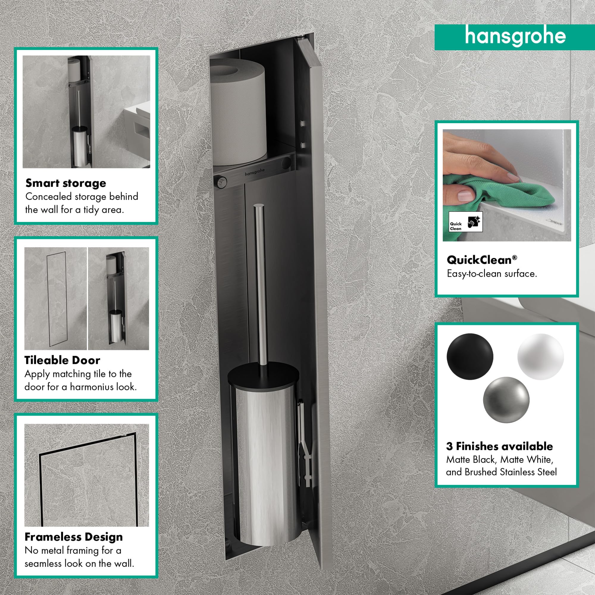 hansgrohe XtraStoris Rock, escobillero baño empotrado con repisa y puerta alicatable, nicho pared baño, escobilla wc empotrada, escobilla baño, accesorios baño, acero inoxidable cepillado, 56060800