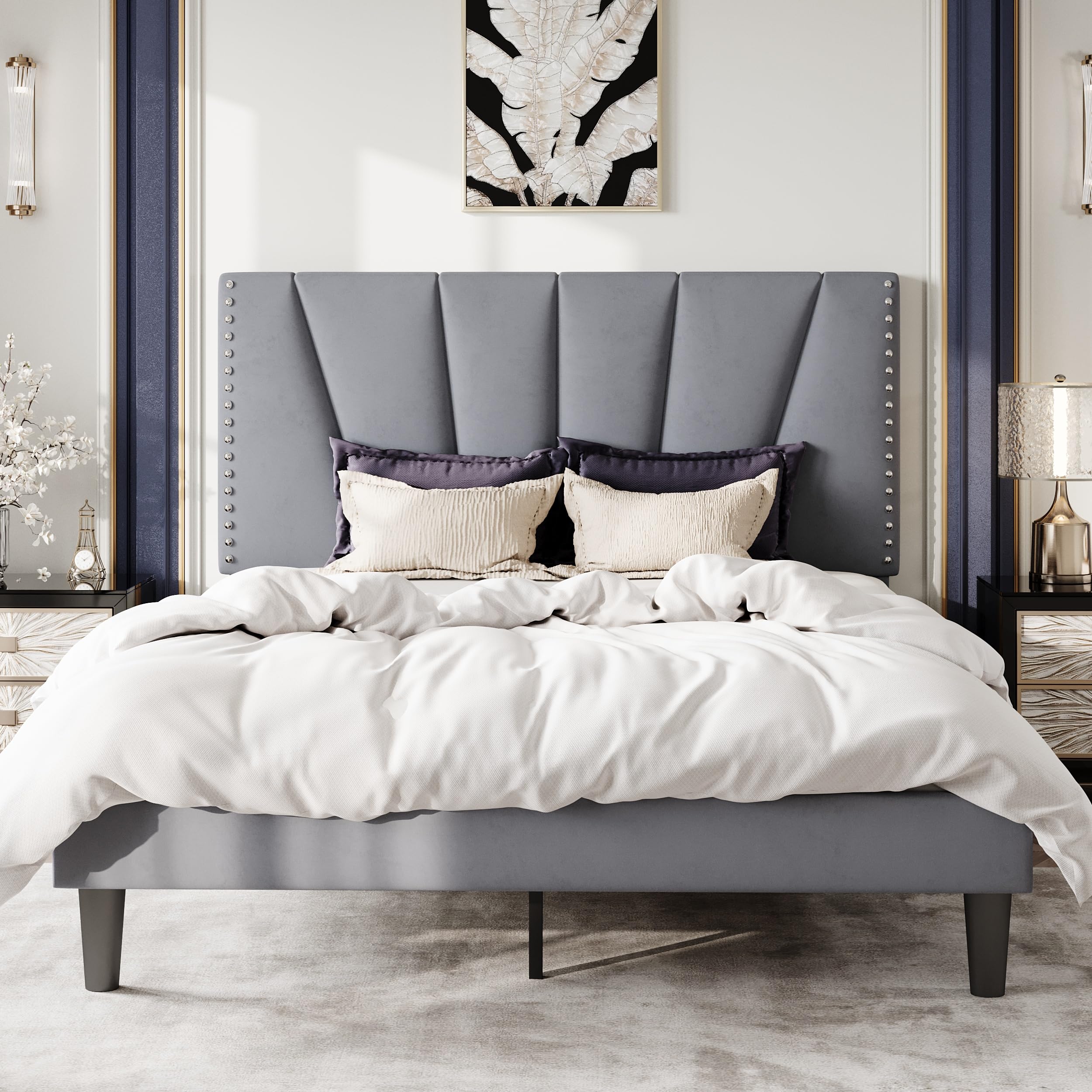 SHA CERLIN Queen Size Bed Frame with Adjustable Upholstered Velvet Rivets Headboard, Sturdy Wooden Slats, Strong Platform Support for Mattress, No Box