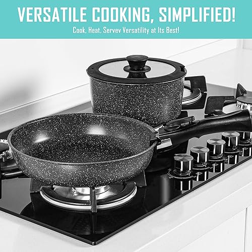 Miniatura 7 de Juego de utensilios de cocina antiadherentes de alta calidad de 15 piezas, ollas y sartenes recubiertas de mármol (interior y exterior), mango