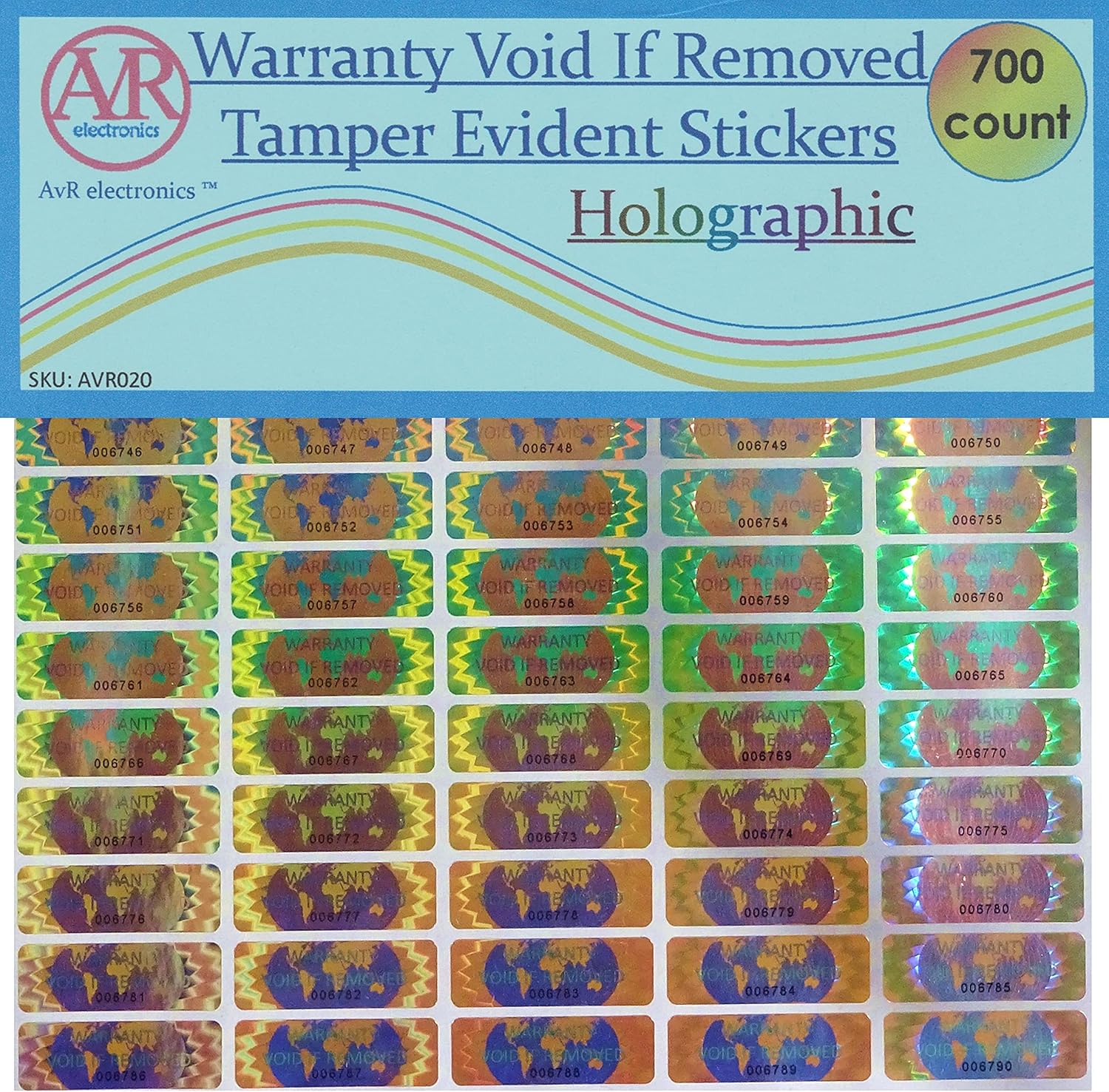 700 Hologram Tamper Evident, Tamper Proof Stickers. Warranty Void If Removed. Individual Serial Numbers. Tamper Foil Tape Labels. Destroyed Upon Removal with Residual Text Left on Item. (700 Stickers)