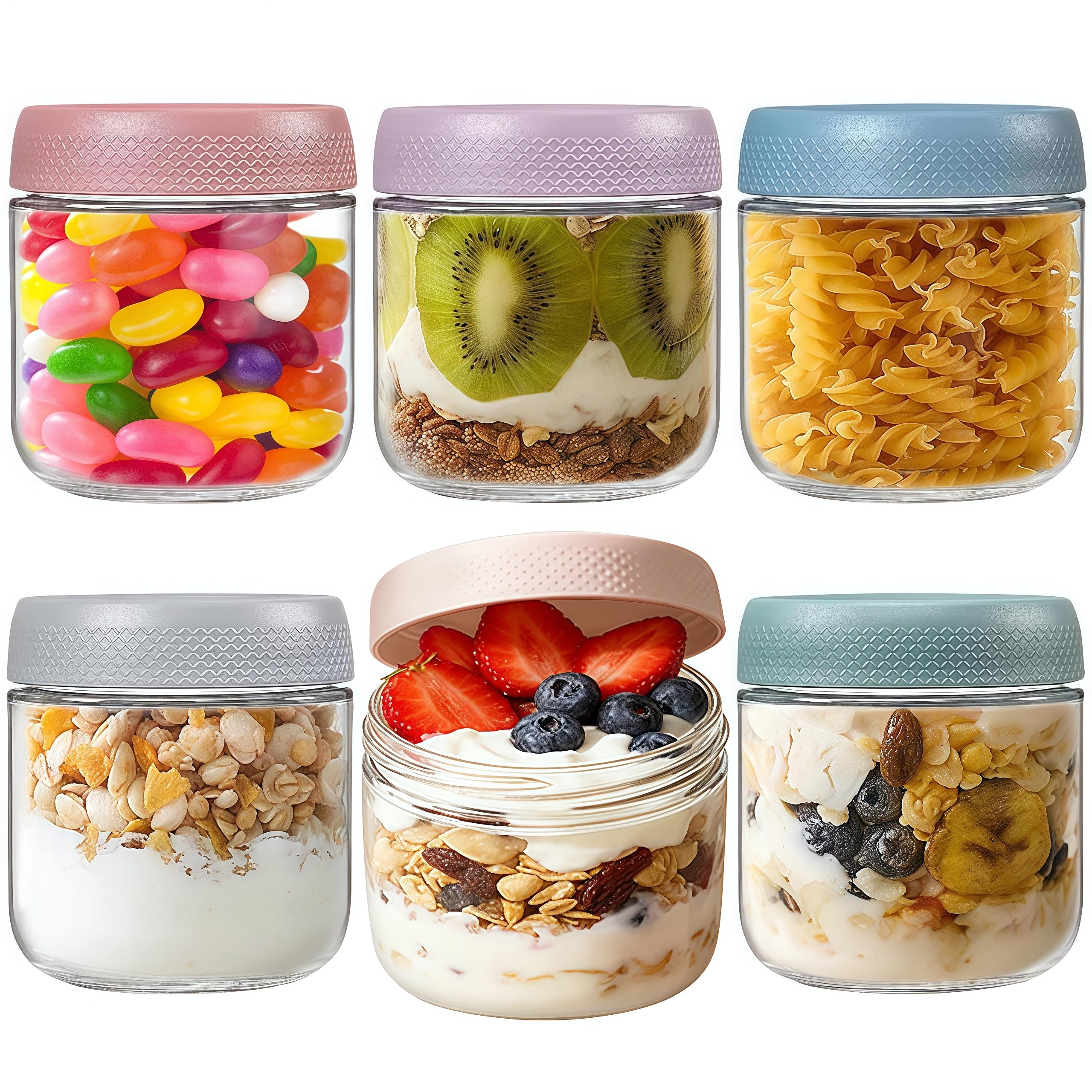 CHUNGG 6 Pcs 12 oz Overnight Oats Jar, Glass Jar with Screw Lid Leakproof Overnight Oats Container, Oatmeal Salad Jars, for Cereals Milk Fruit, Breakfast Pots with Lid, 4 Colors 350ml