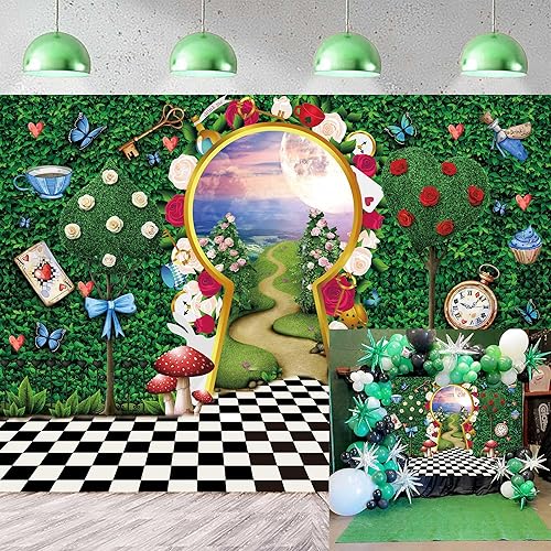 Miniatura 8 de Telón de fondo para fotografía del país de las maravillas de 7 x 5 pies, decoración de fiesta de té, cuento de hadas, castillo, conejo, hoja verde,