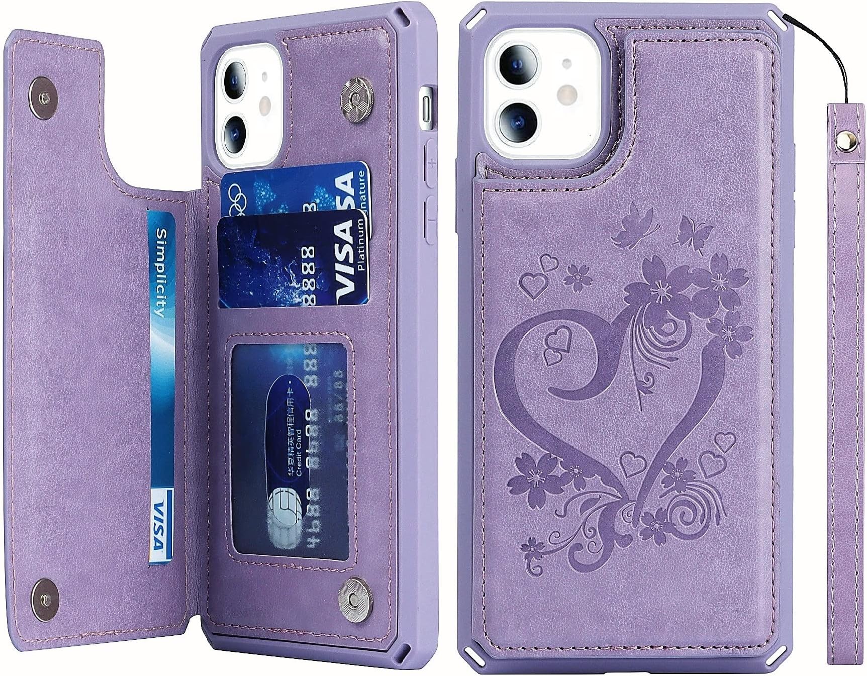 iCoverCasefor iPhone 11 Wallet Case with Card Slots Holder Kickstand [RFID Blocking] Embossed Leather Magnetic Shockproof Cover with Wrist Strap for Women Men (Heart Purple)