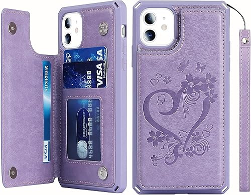 iCoverCase Funda compatible con iPhone 11 con tarjetero para mujer, bloqueo RFID en relieve, piel sintética con correa de muñeca de 6.1 pulgadas