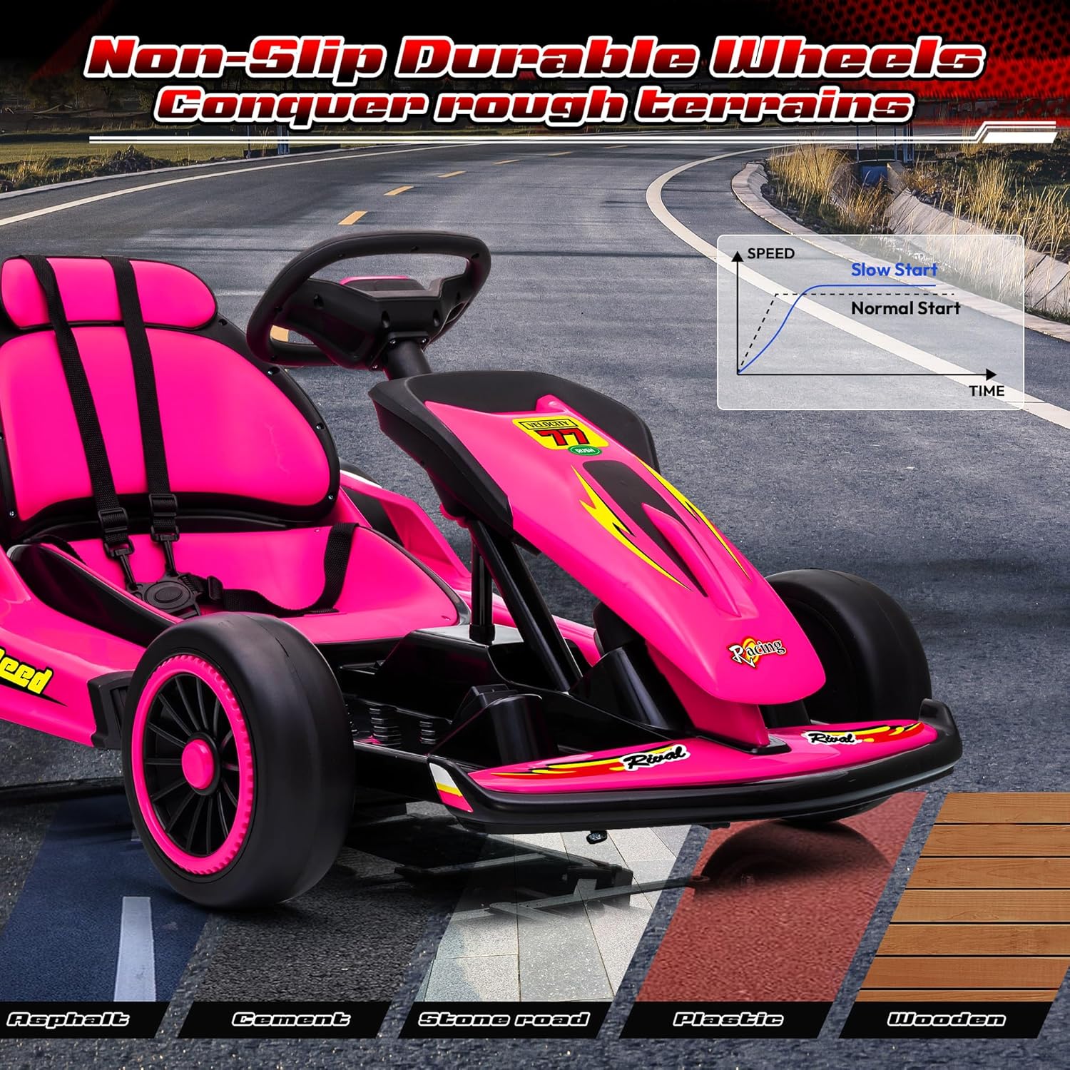 24V Go Karts for Kids Ages 6-12, 400W Electric Go Kart with EVA Tires, Max Speed 8.1 MPH, High/Low Speed, Music, USB, Fast Drift Go-Kart Outdoor Ride on Toy for Boys Girls (Rose Red)