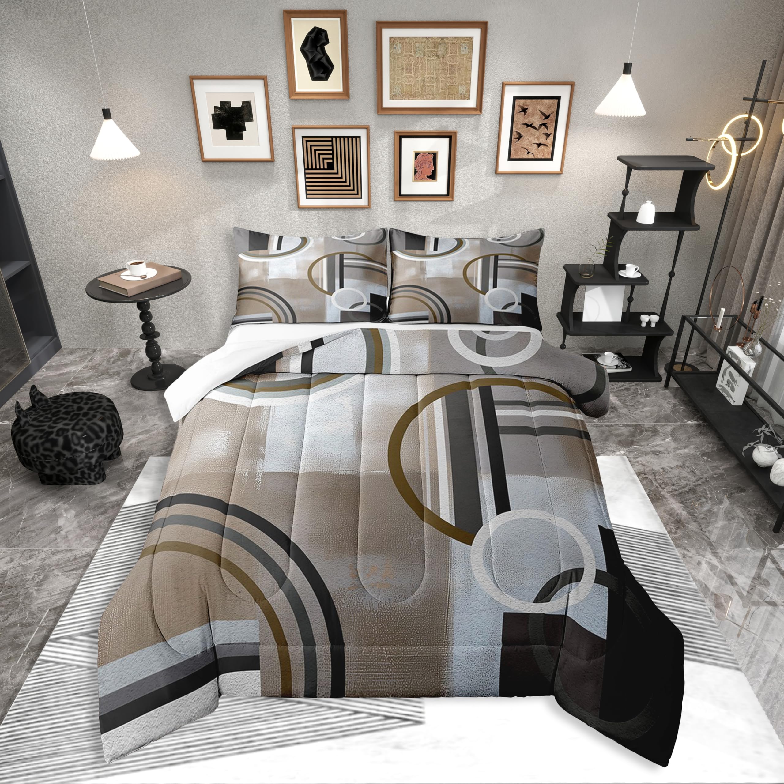 Brown Grey Comforter Set,Geometric Swirls Bedding Set for Kids Boys Girls Teens,Ombre Gradient Bedding Comforter Sets,Modern Geometry Circular Stripes Down Comforter,Abstract Artduvet Insert,King