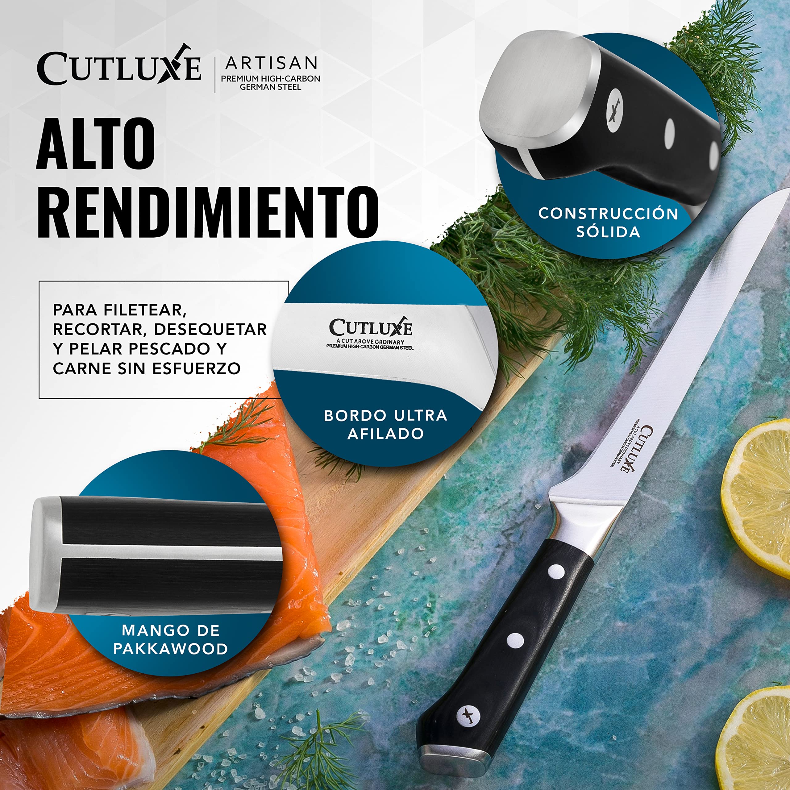 Cutluxe Cuchillo Fileteador y Deshuesar 15cm Acero Alemán Alto Carbono Serie Artesano