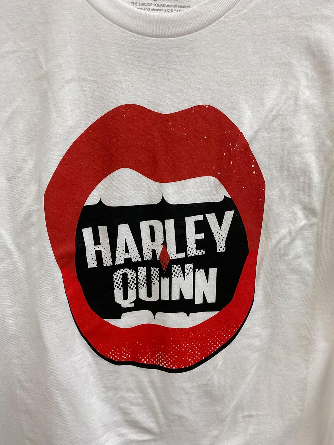 DC Comic Villain Harley Quinn Lips Juniors White Crop Top Graphic Tee