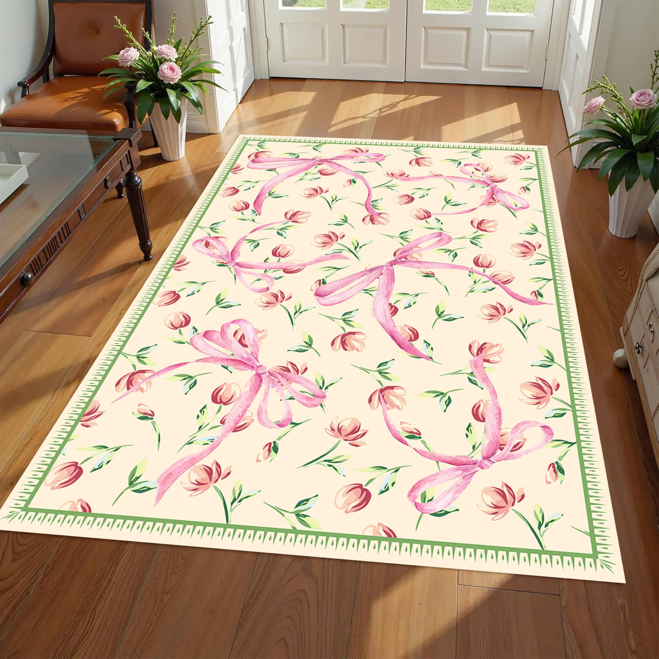 LHOMKCV Floral Washable Boho Area Rug, 70x140cm, Cute Pink Tulip with Bow Print for Girls Room Decor Floor Mat, Ultra-Thin Low Pile Fade Resistant Botanical Rug for Lounge Kitchen