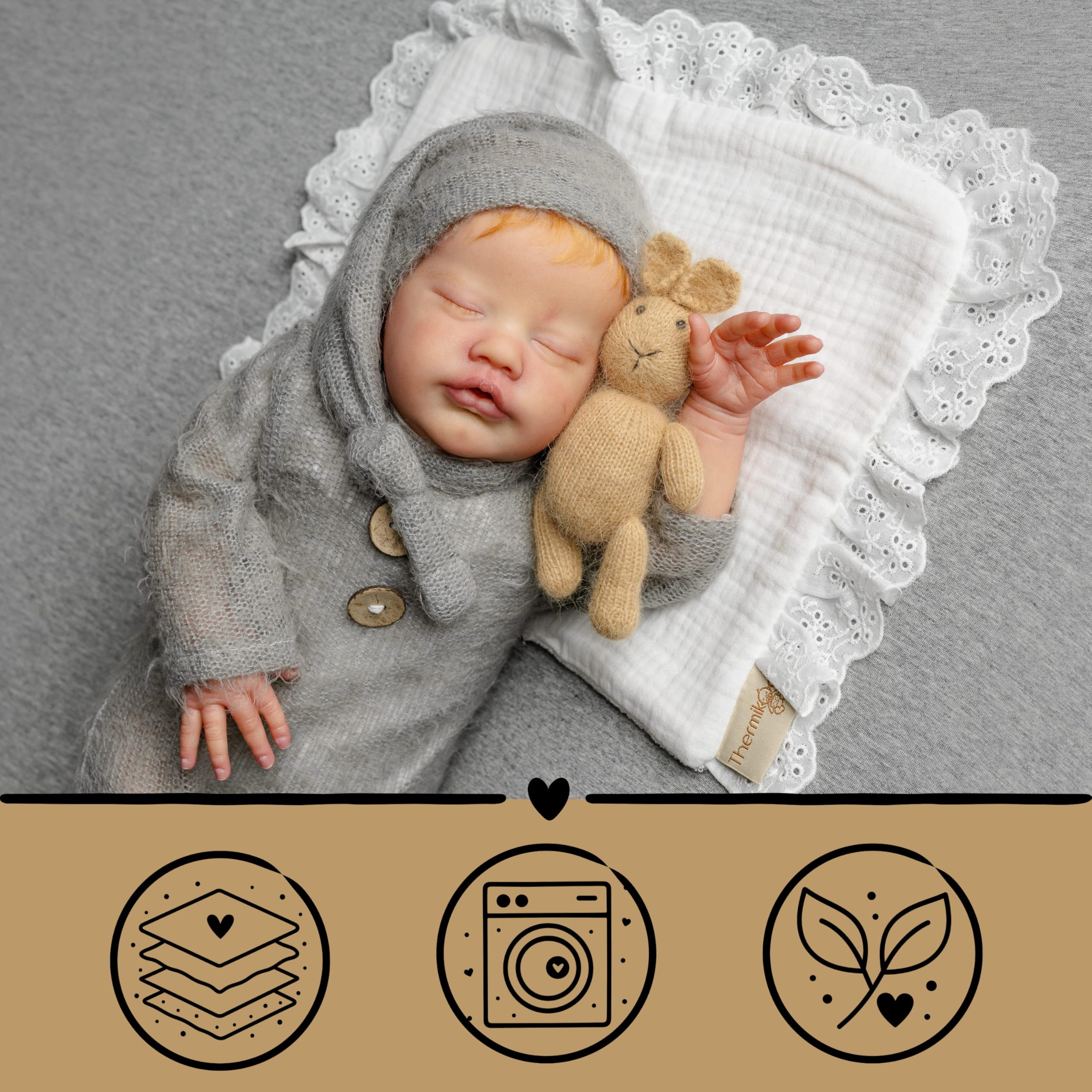 Thermikoa Mussole Neonato per Navicella e Passeggino – Pack 2 Panni 38x28 cm – Mussola Cotone Triplo Strato e Spugna Assorbente Panno Rigurgito da Spalla, Protezione Materassino Culla