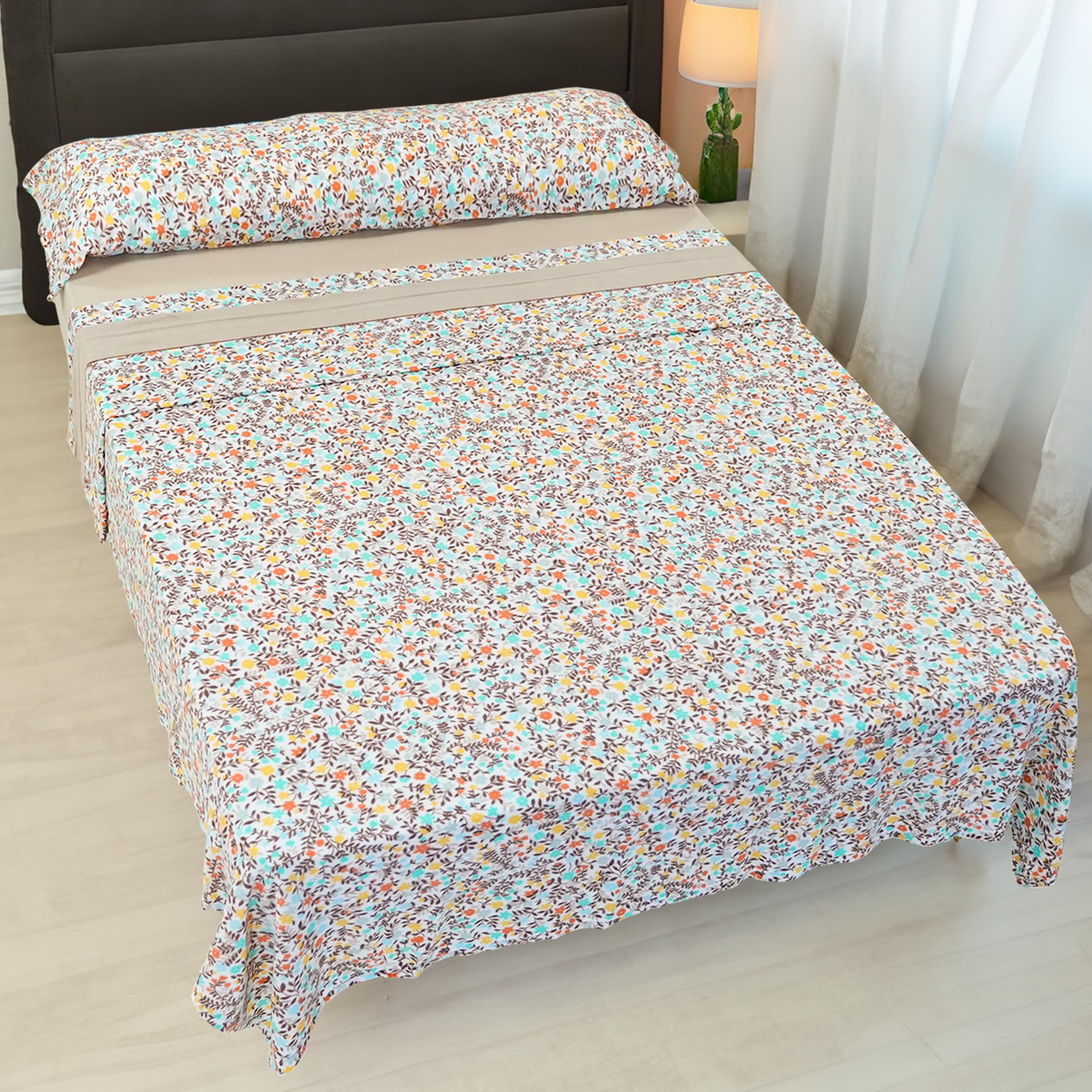 H HANSEL HOME Juego de Sábanas de Invierno Pirineo 3 Piezas para Cama 90x190cm, Sábanas Polares Termicas Tacto Suave, Incluye Sabana Bajera, Encimera y Funda de Almohada - Flores Marrón