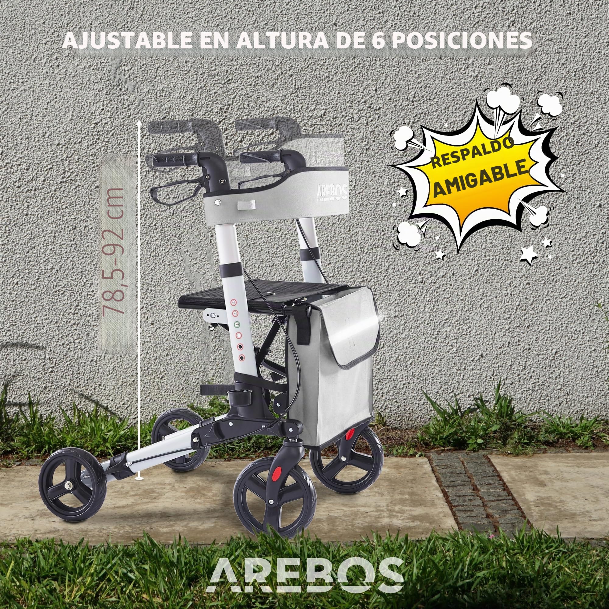 Arebos Andador Ligero de Aluminio | Plegable con 6 Alturas Ajustables | Incluye Soporte para Bastones y Bolsa de la Compra Extraíble | Función de Bloqueo | Gris