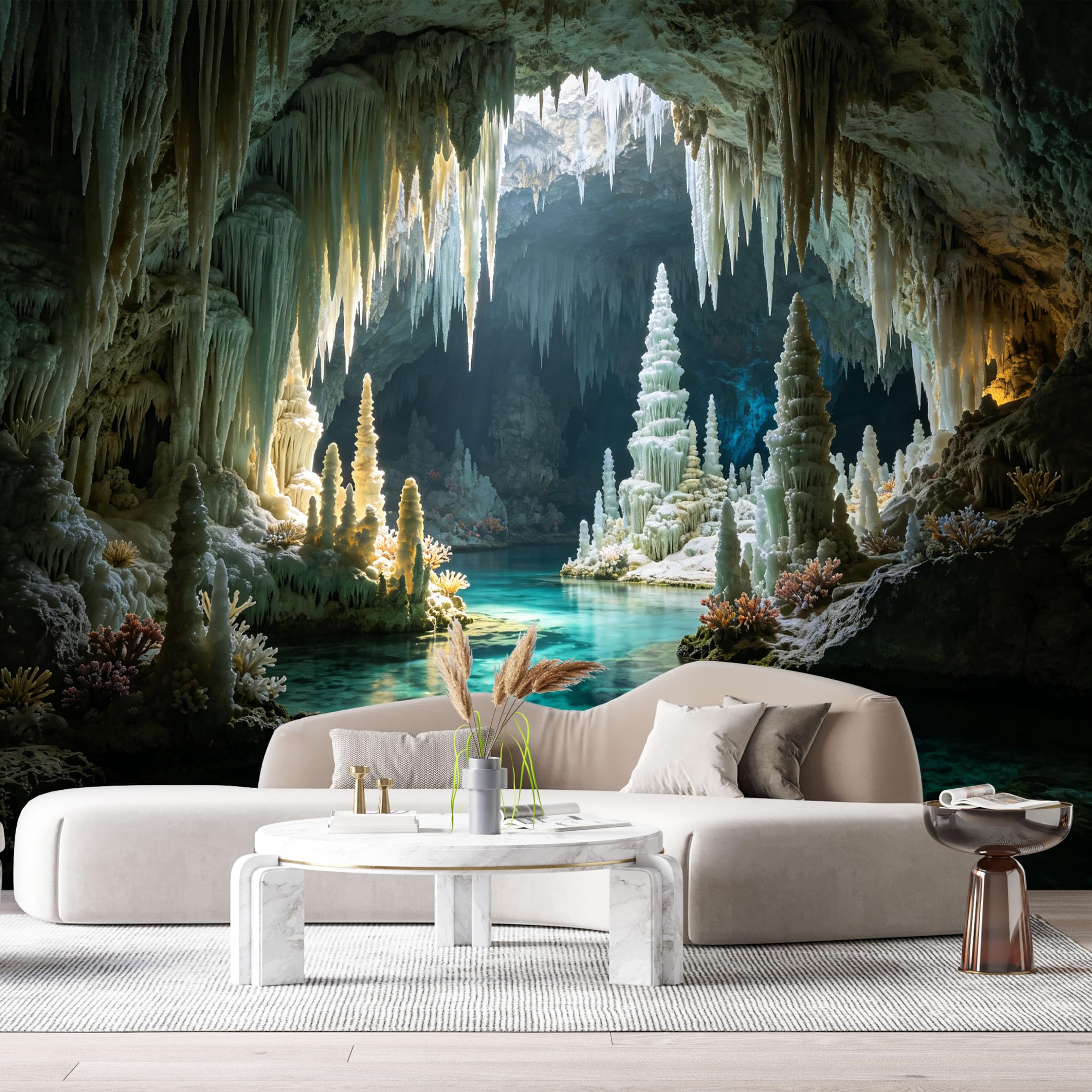 Custom Size Wall Murals Underground Crystal Cave Lake Landscape 3D Trompe L'Oeil Stalactites Stalagmites SelfAdhesive Wall Fabric Removable Large Wallpaper for Photo Living Room