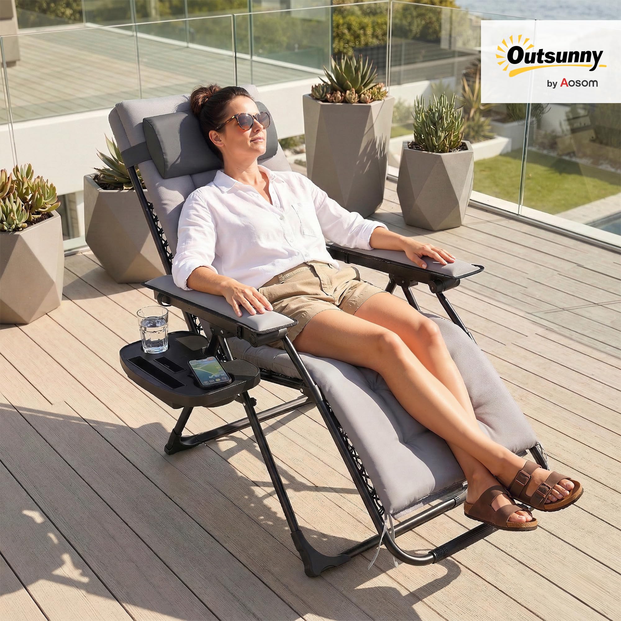 Outsunny Chaise de Gravité Zéro avec Accoudoirs, Coussin, Porte-Gobelet, Appuie-Tête, Dossier Réglable, Bain de Soleil Pliable en Textilène pour Jardin Plage Terrasse Camping, Gris Clair
