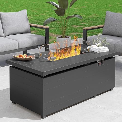 Sundale 51 Inch Outdoor Fire Pit Table, 50,000BTU Rectangle Propane Fire Pit with Sliding Tank Holder, Glass Wind Guard, Removable Lid, CSA Certified, Gray