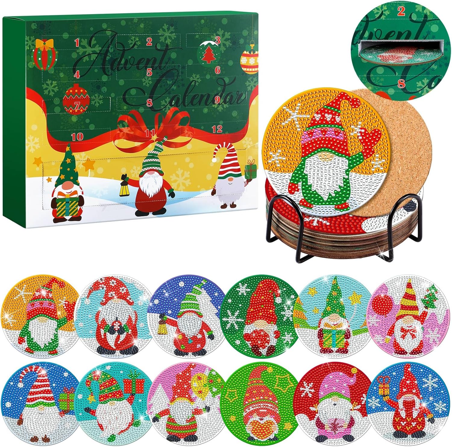 Jinei Christmas 12 Days of Advent Calendar 2025 Adult Women Crafts Advent Calendar Gift Boxes Gnome Diamond Painting Coasters Kits with Cork Bases Art DIY Beginner Gift for Christmas Ornament
