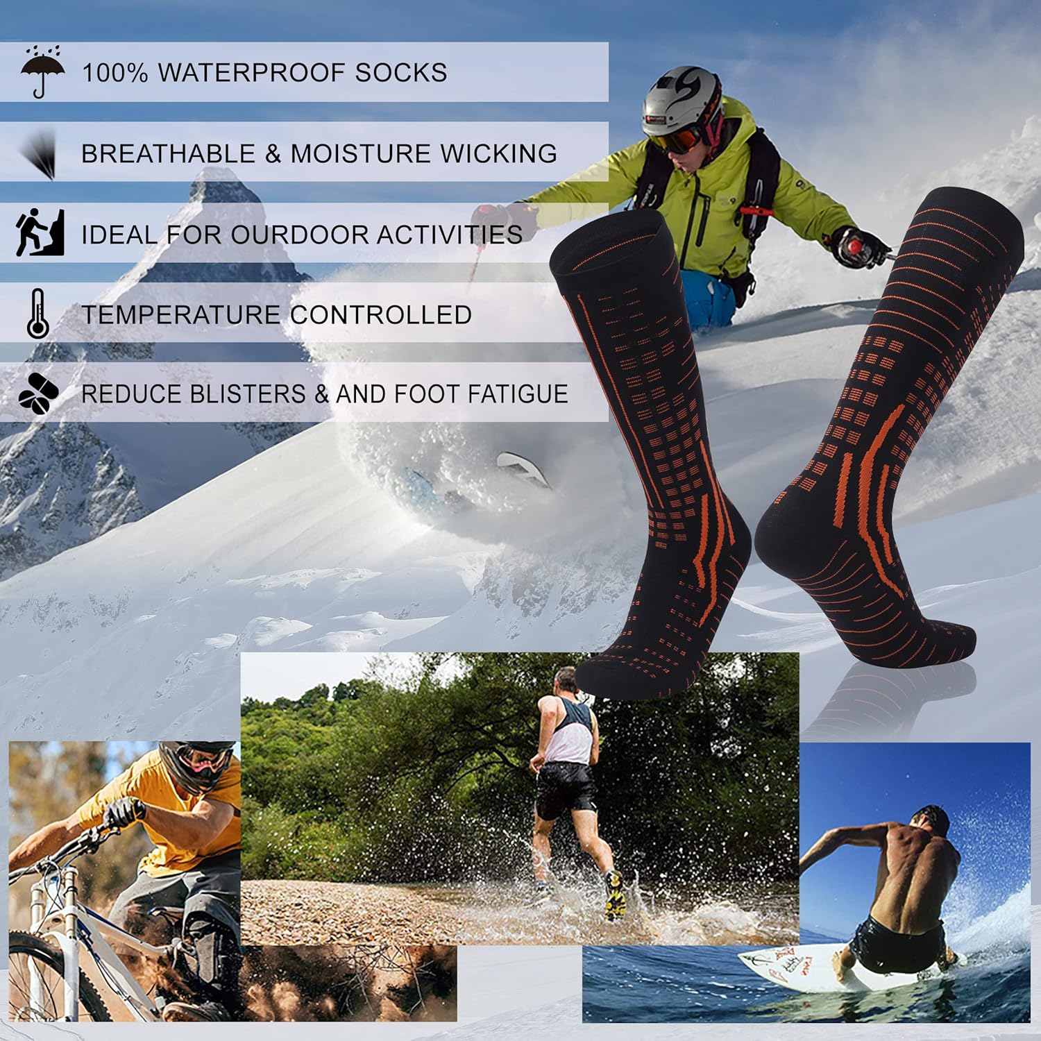 RANDY SUN Merino Wool Waterproof Socks, Men Women Knee High Breathable Hiking Running Socks 1 Pair - Image 4