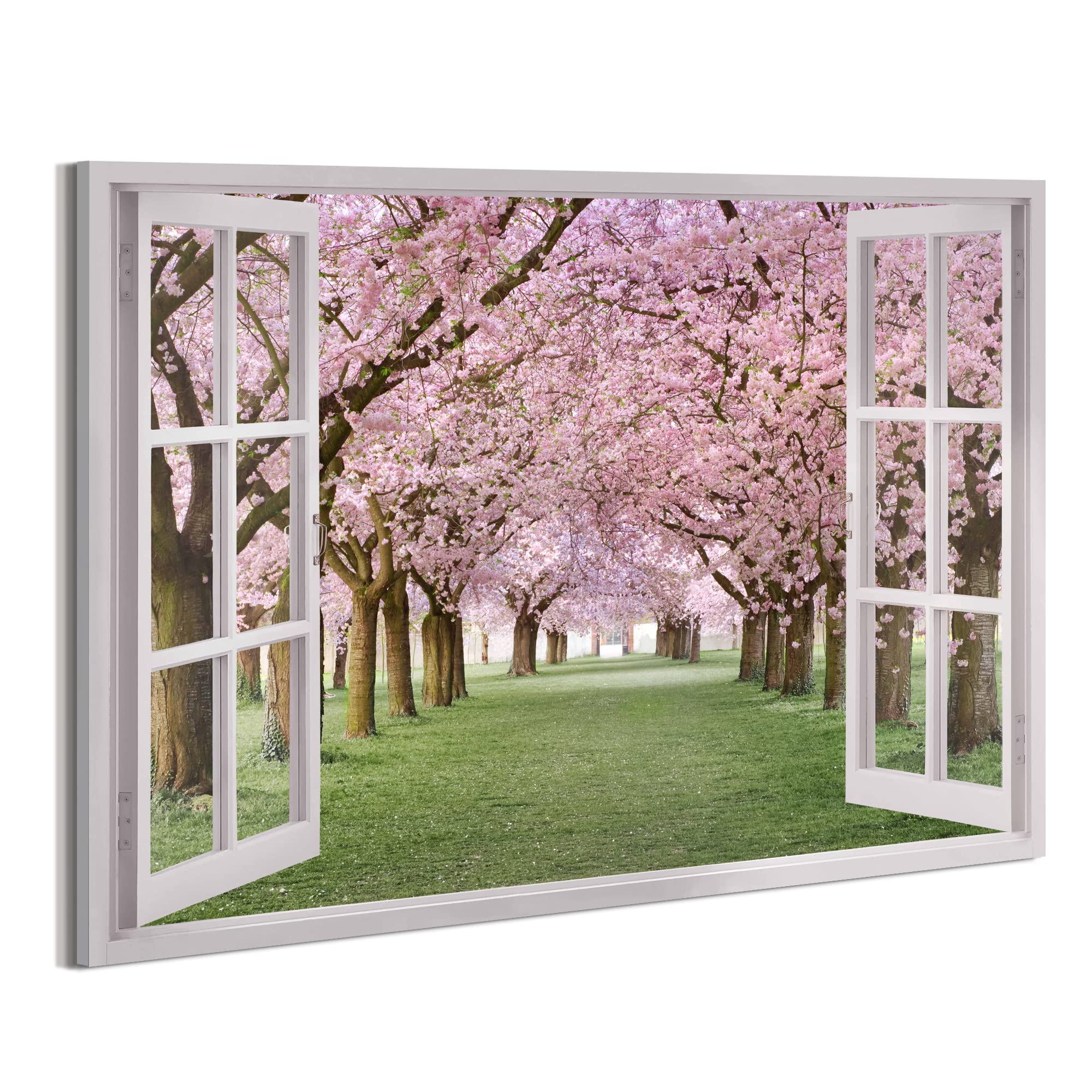 Bedroom Cherry Blossom Wall Art: Window View Flower Canvas Painting Living Room Modern Nature Scene Picture Large Aesthetic Tree Landscape Artwork