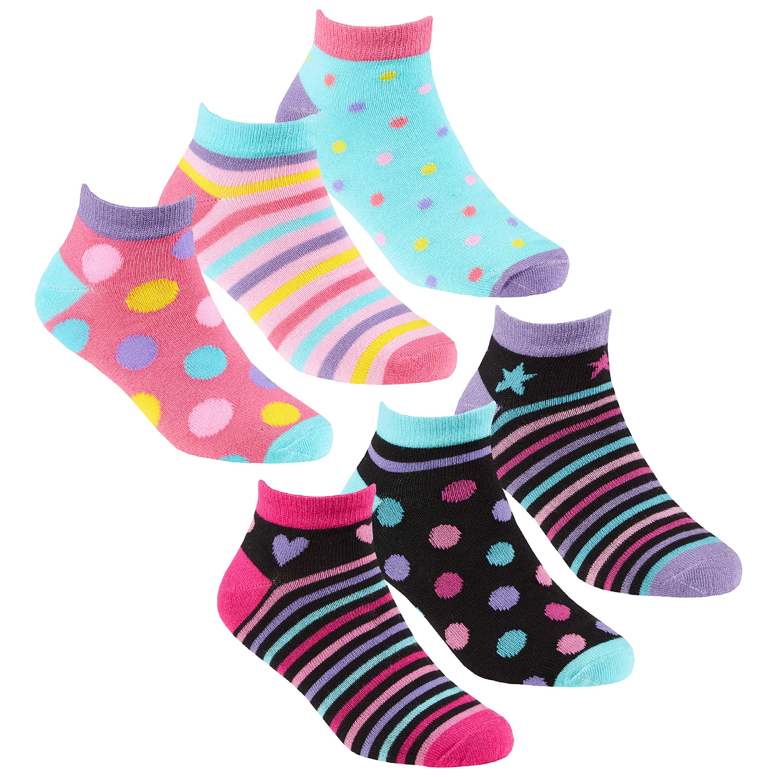 Metzuyan Girls Pink & Black - 6 Pairs 6 Pairs Pairs Kids Bamboo Trainer Liner Low Cut Cartoon Novelty Socks Pink Black Size 6-8.5