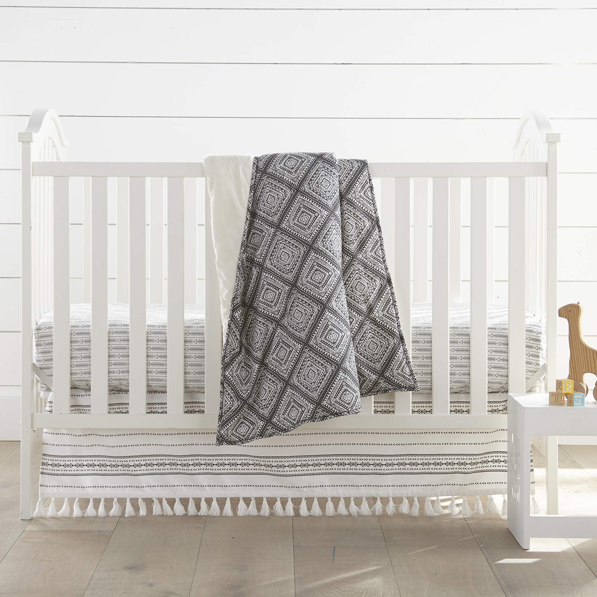 Levtex Baby Nest &amp; Nod Riley Crib Bed Set - Baby Nursery Set - White, Black, Grey - Intricate Geometric - 3 Piece Set Includes Quilt, Fitted Sheet, Crib Skirt/Dust Ruffle
