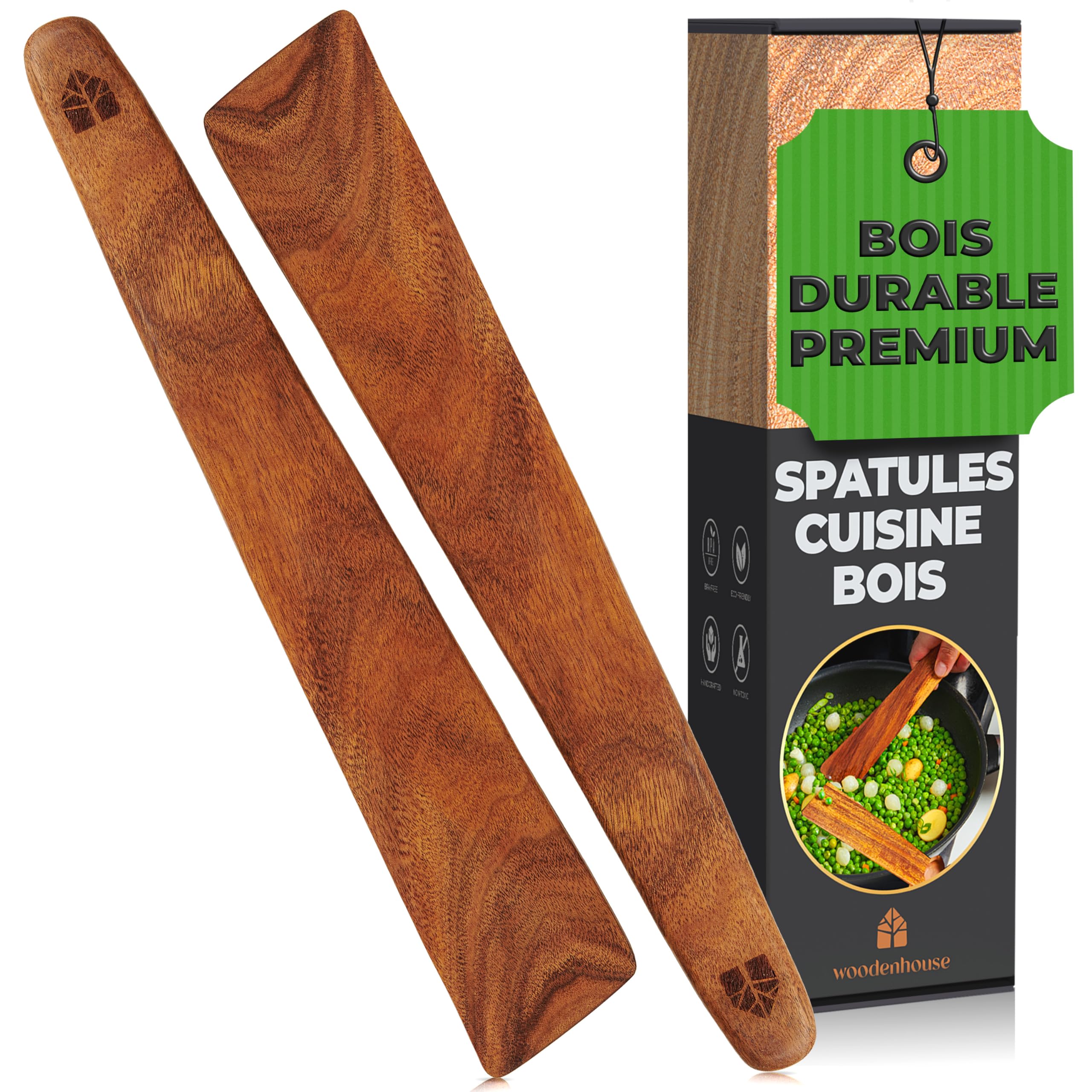 Spatule cuisine bois anti-rayures et résistante chaleur lot de 2 teck